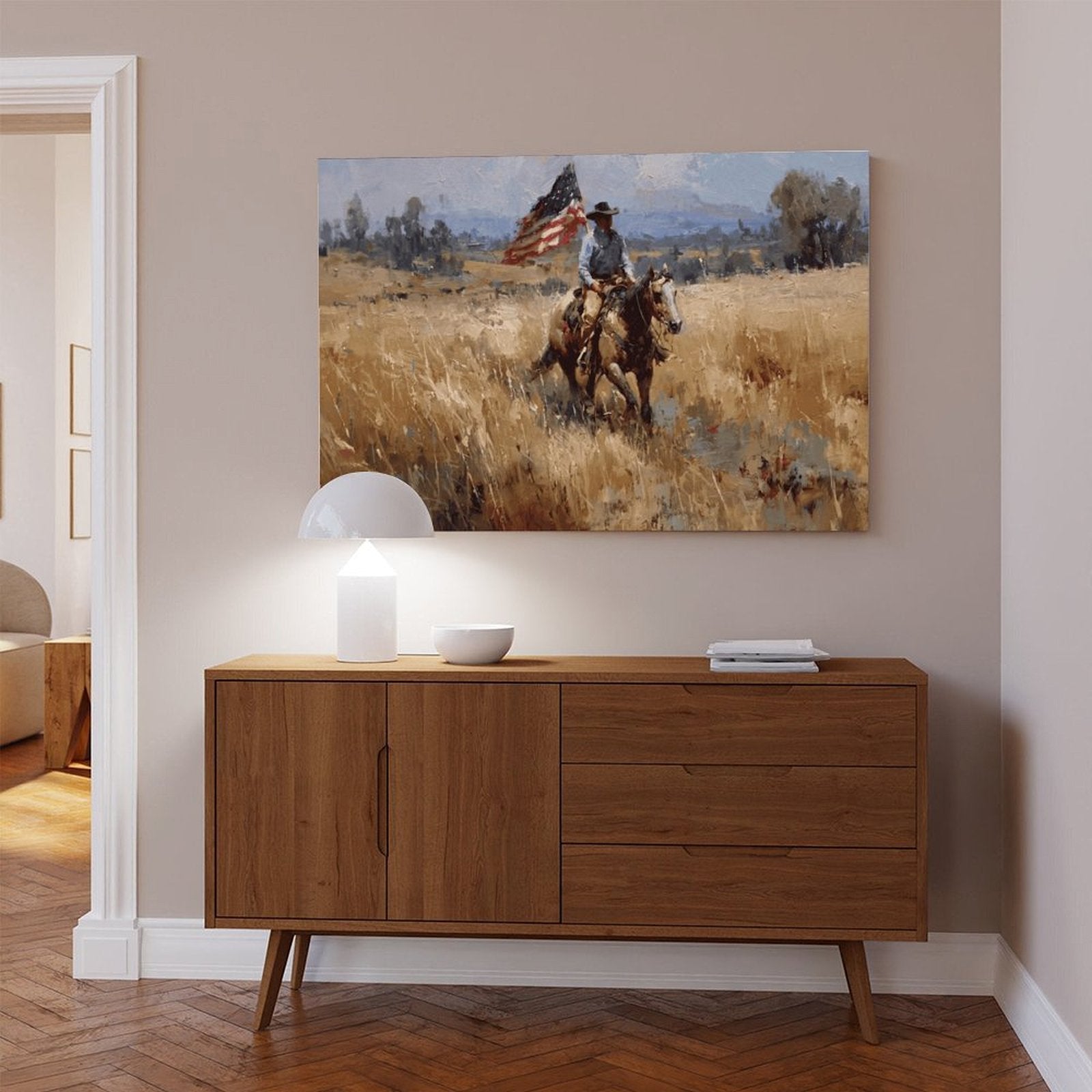 cowboy rider on horseback carrying an American flag in western landscape art style — Wrapped Canvas SCENE_04