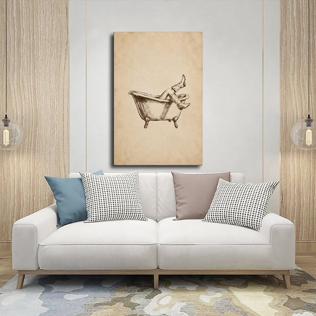 relaxed figure lounging in a clawfoot bathtub with legs raised in sepia, warm cream tones — Wrapped Canvas SCENE_03