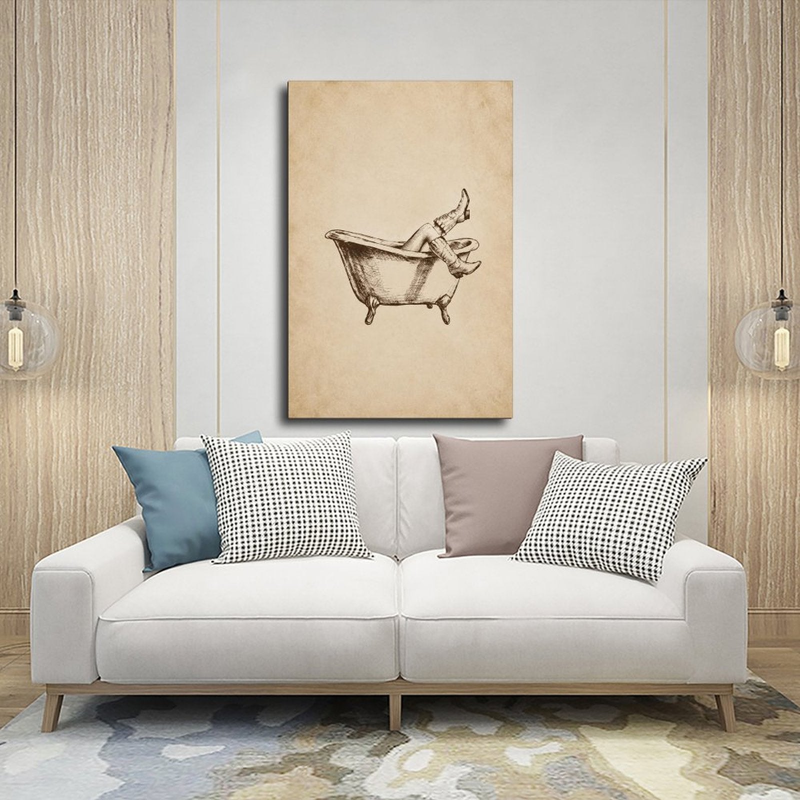 relaxed figure lounging in a clawfoot bathtub with legs raised in sepia, warm cream tones — Wrapped Canvas SCENE_03