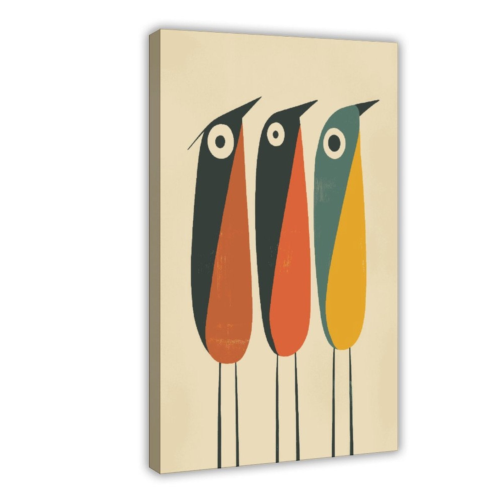 three stylized long-beaked birds in geometric illustration style — Wrapped Canvas HERO