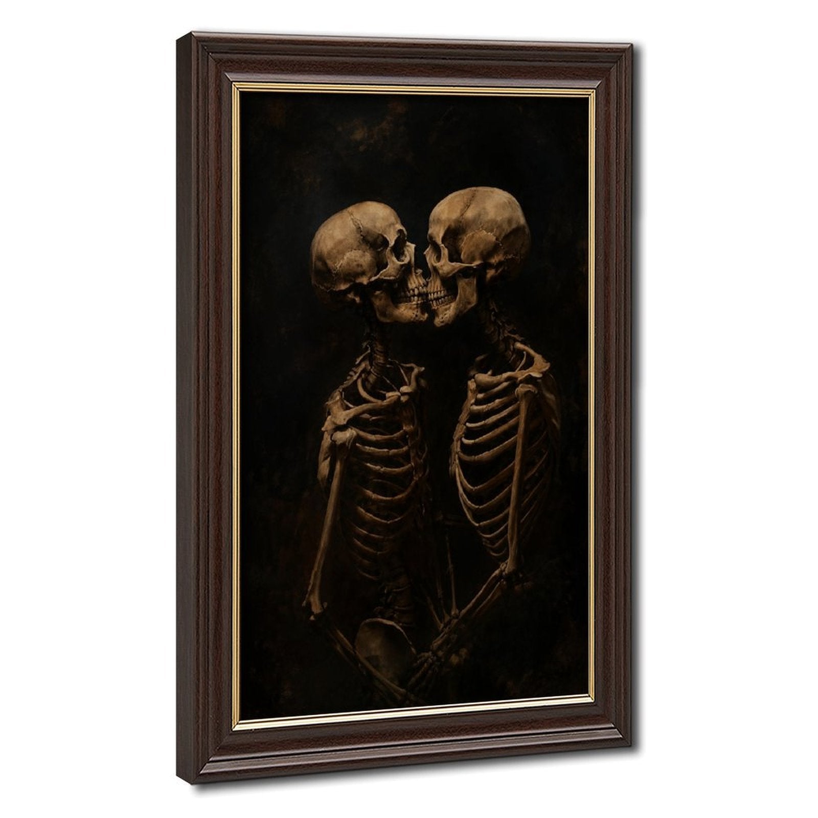 two skeletons leaning together in a kiss in black, bone beige, deep brown tones — Wood Grain Gold Frame HERO