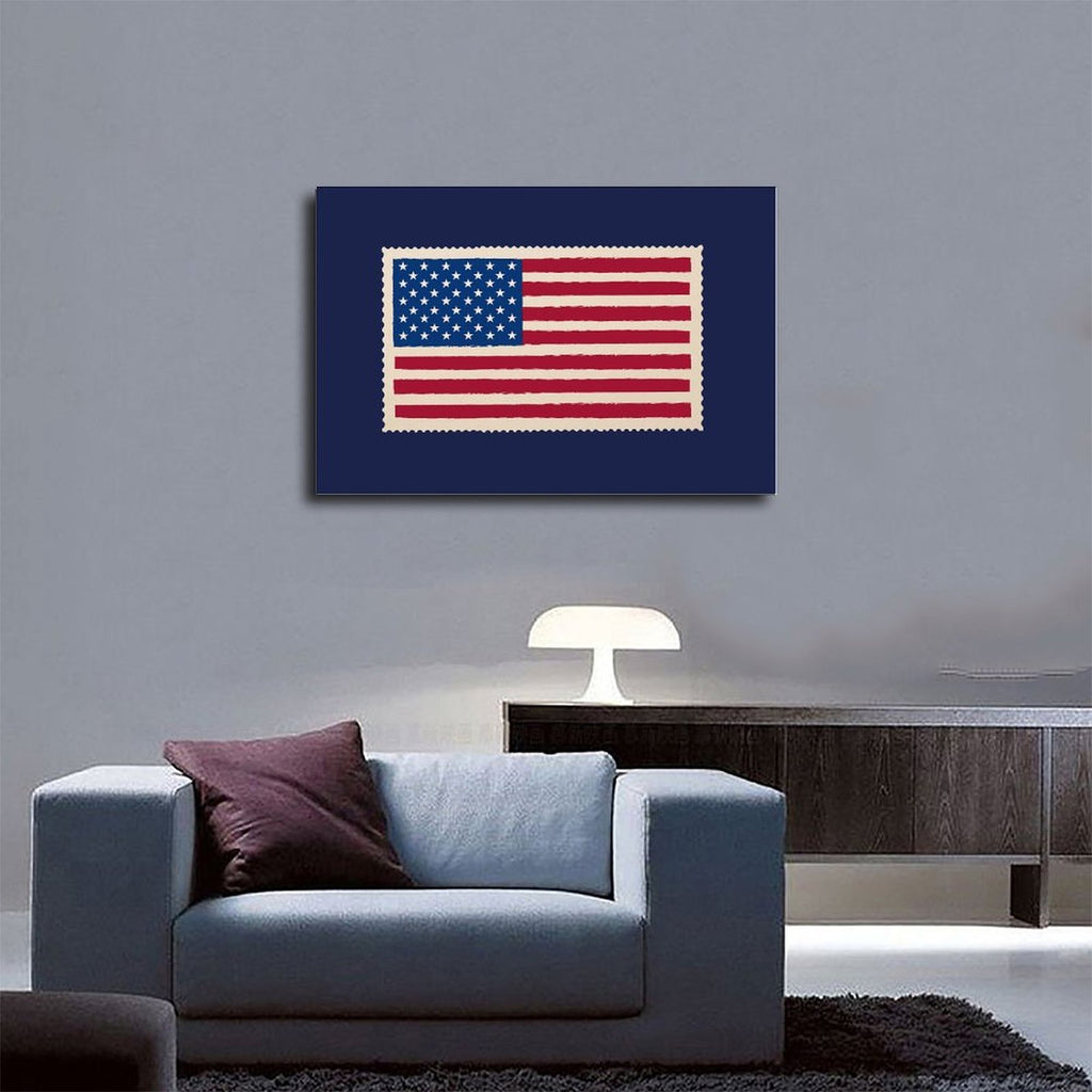 American flag motif on a navy blue field in graphic poster art style — Wrapped Canvas SCENE_03