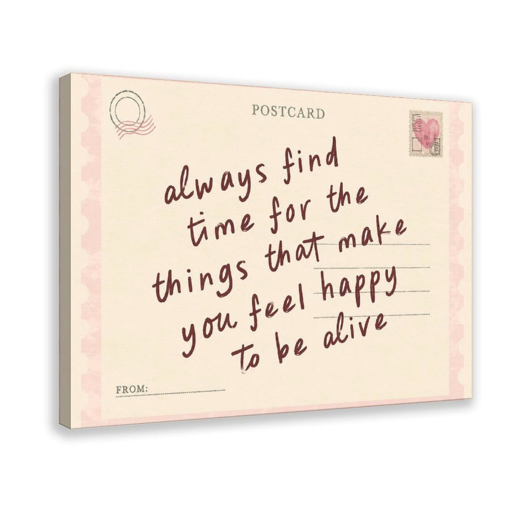 handwritten uplifting quote on a pink vintage postcard in pink, cream, burgundy tones — Wrapped Canvas HERO