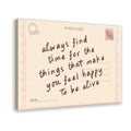 handwritten uplifting quote on a pink vintage postcard in pink, cream, burgundy tones — Wrapped Canvas HERO