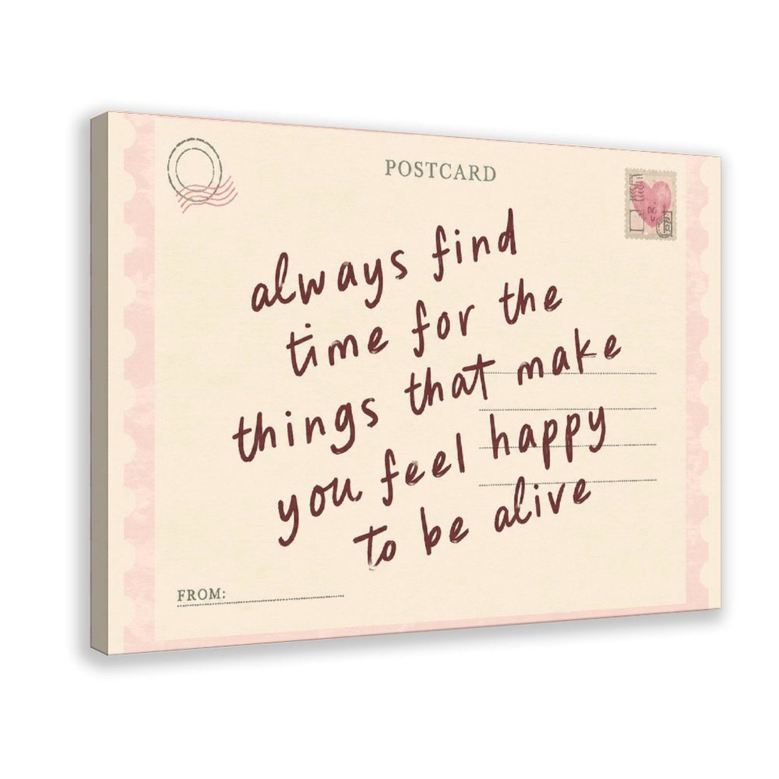 handwritten uplifting quote on a pink vintage postcard in pink, cream, burgundy tones — Wrapped Canvas HERO