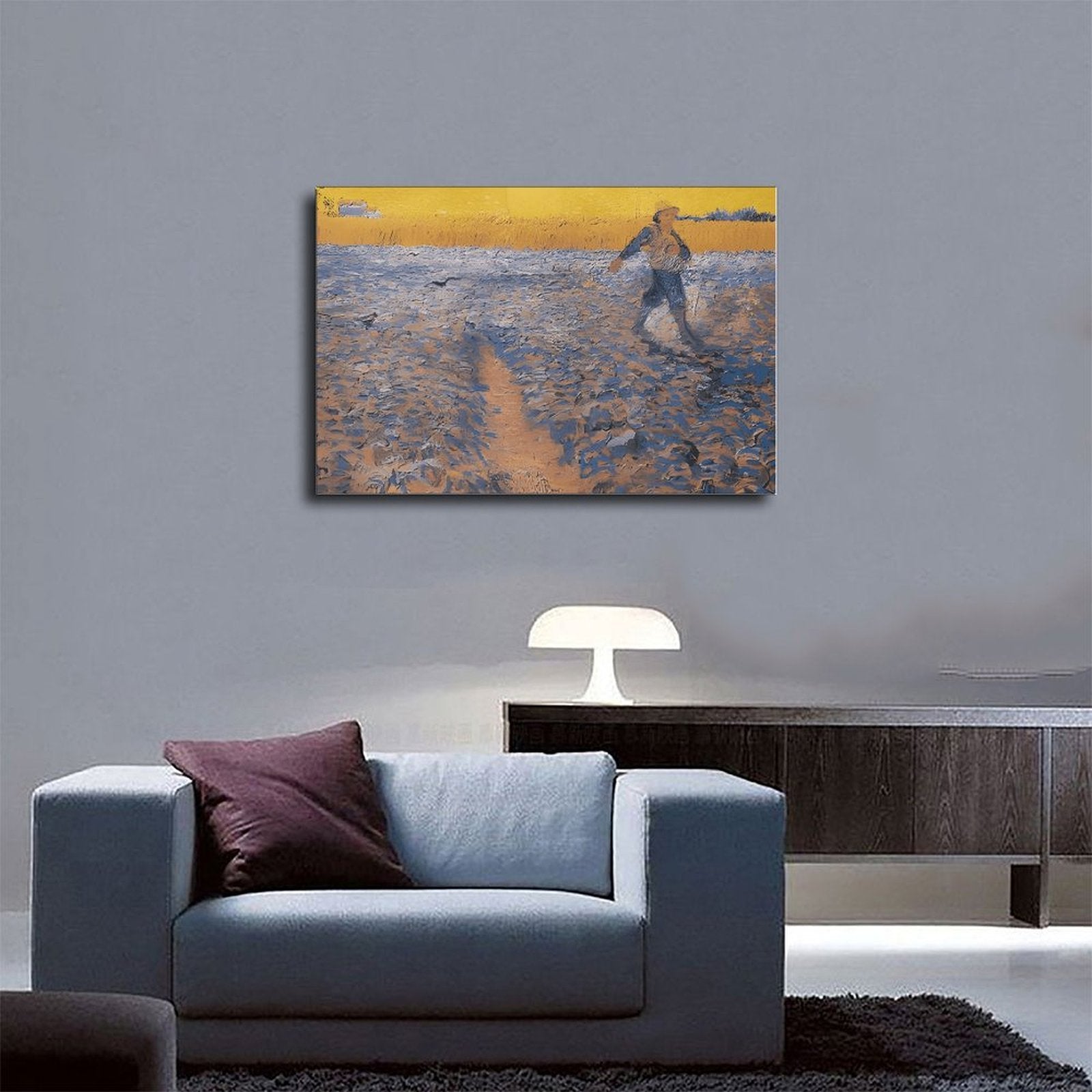 solitary person walking through a blue and gold field in expressive landscape painting style — Wrapped Canvas SCENE_03