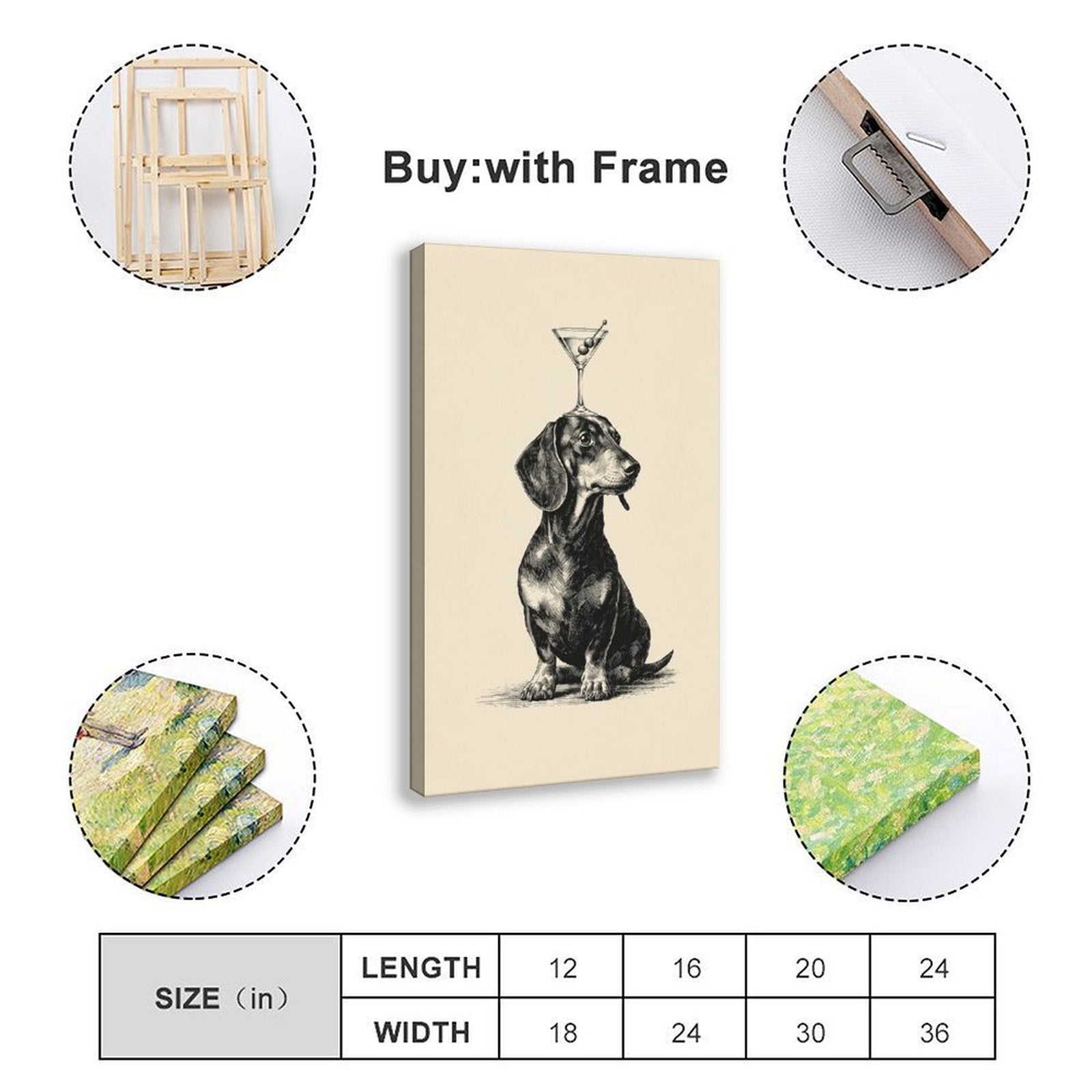 dachshund balancing a cocktail glass on its head in black, warm cream tones — Wrapped Canvas SIZE_GUIDE