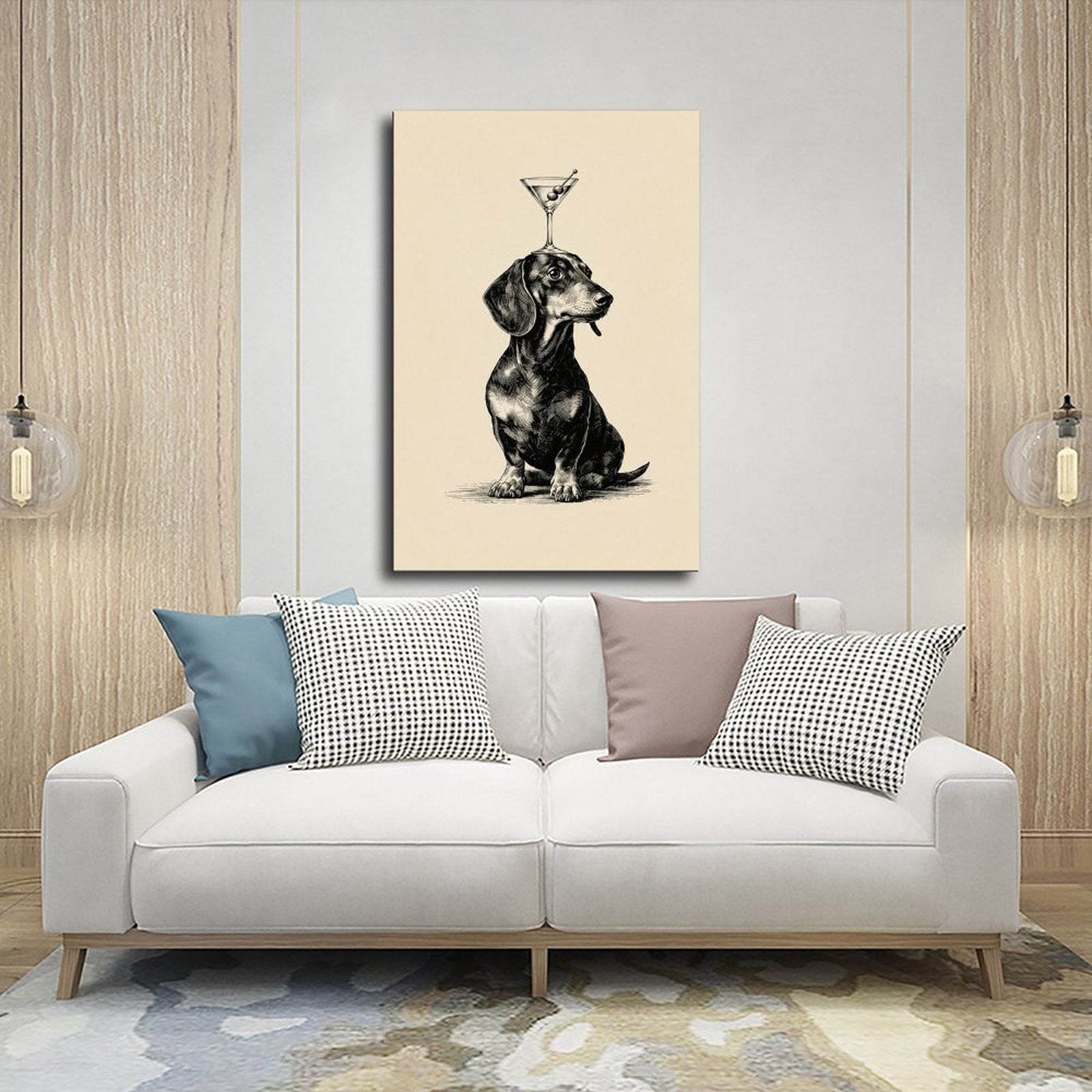 dachshund balancing a cocktail glass on its head in black, warm cream tones — Wrapped Canvas SCENE_03