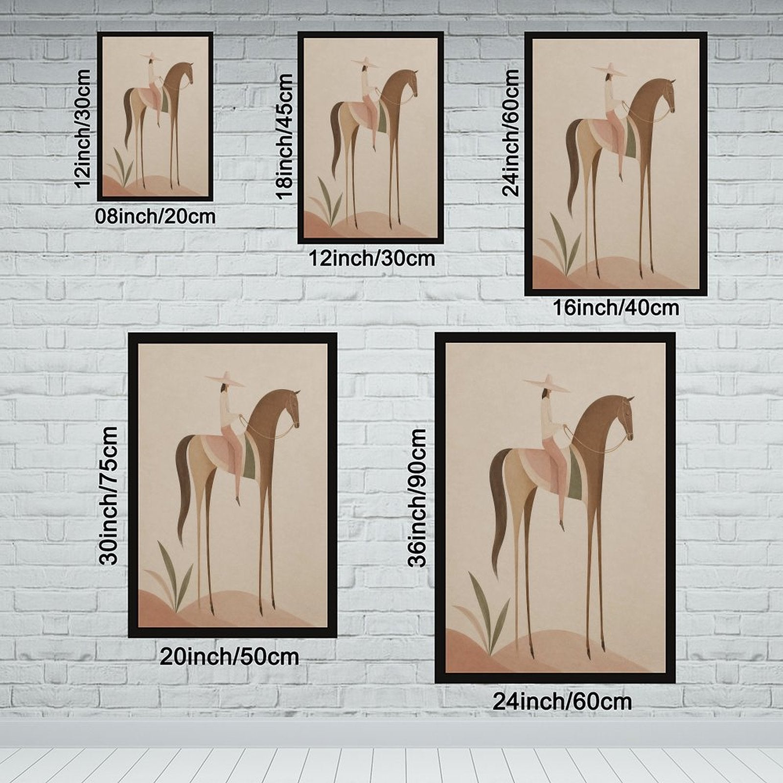 Soft Blush Long Horse canvas wall art featuring a graceful long-limbed horse in soft blush pink, warm beige, muted cream tones, displayed in the Solid Wood Black Frame style