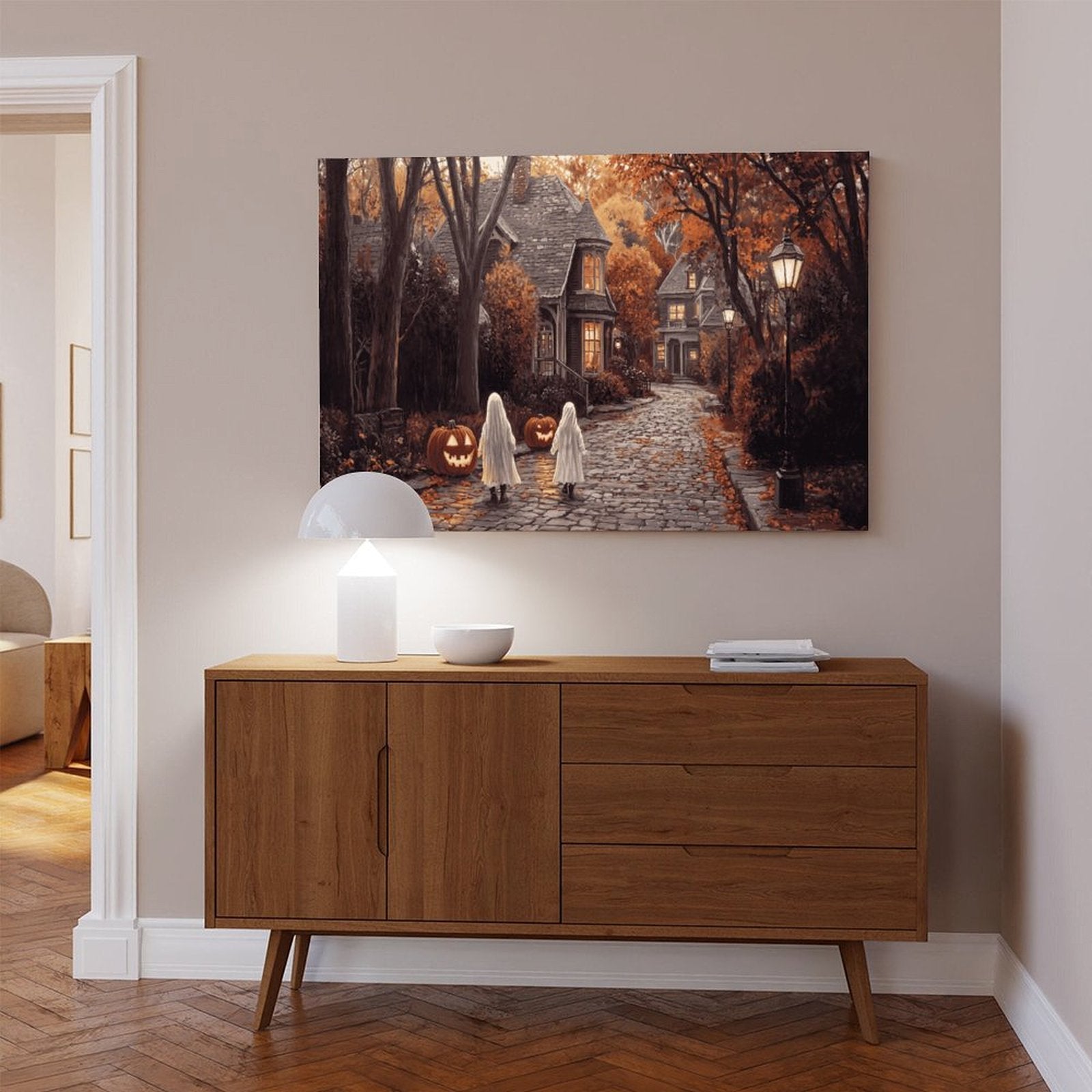 two sheet ghosts in an autumn village in whimsical halloween illustration style — Wrapped Canvas SCENE_04
