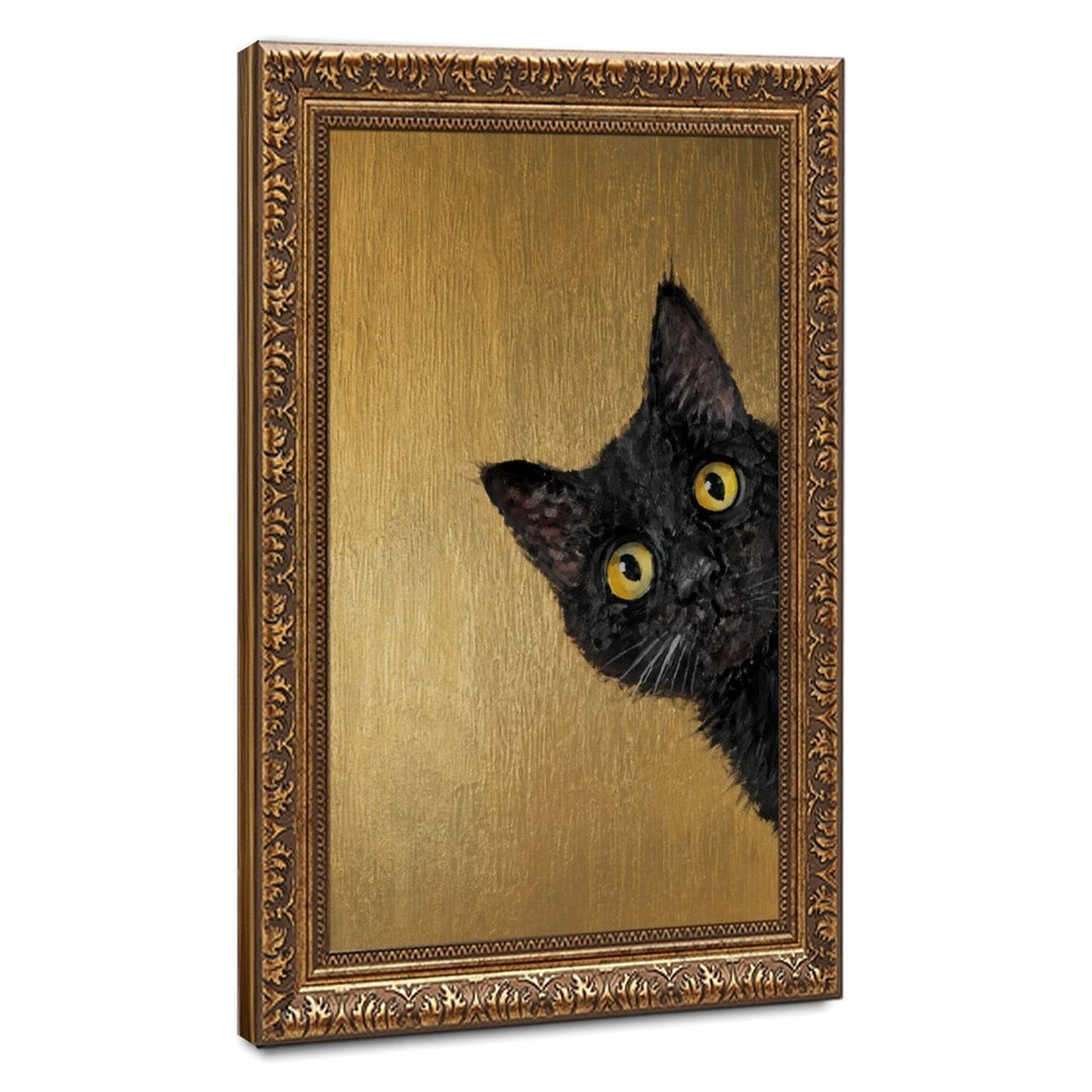 black cat peeking into the composition in black, mustard gold tones — Vintage Gold Frame HERO