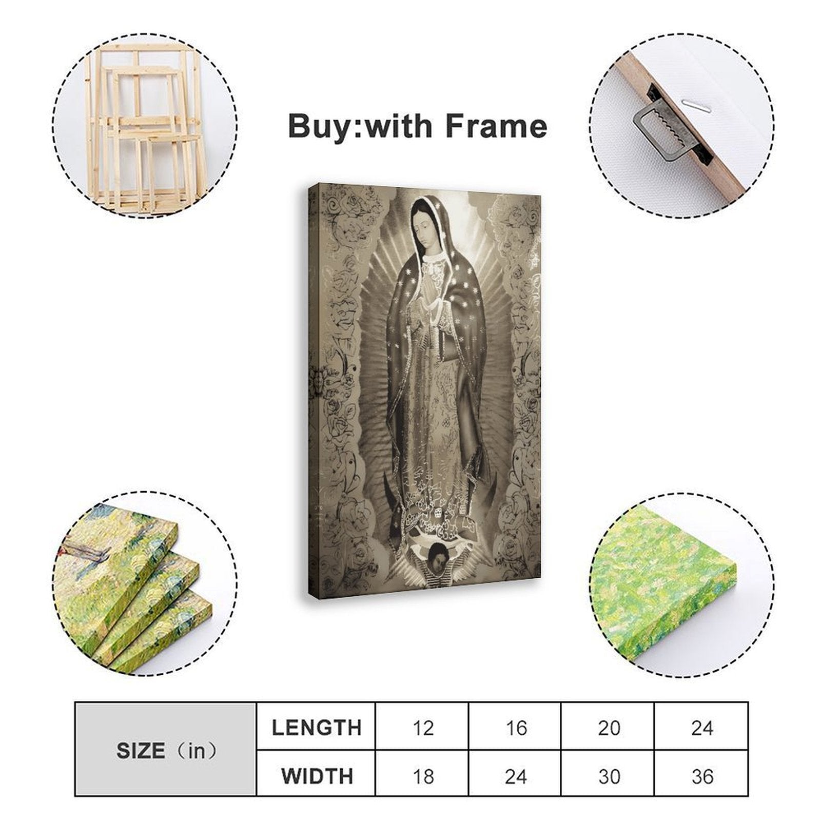 Our Lady of Guadalupe devotional figure in devotional art style — Wrapped Canvas SIZE_GUIDE