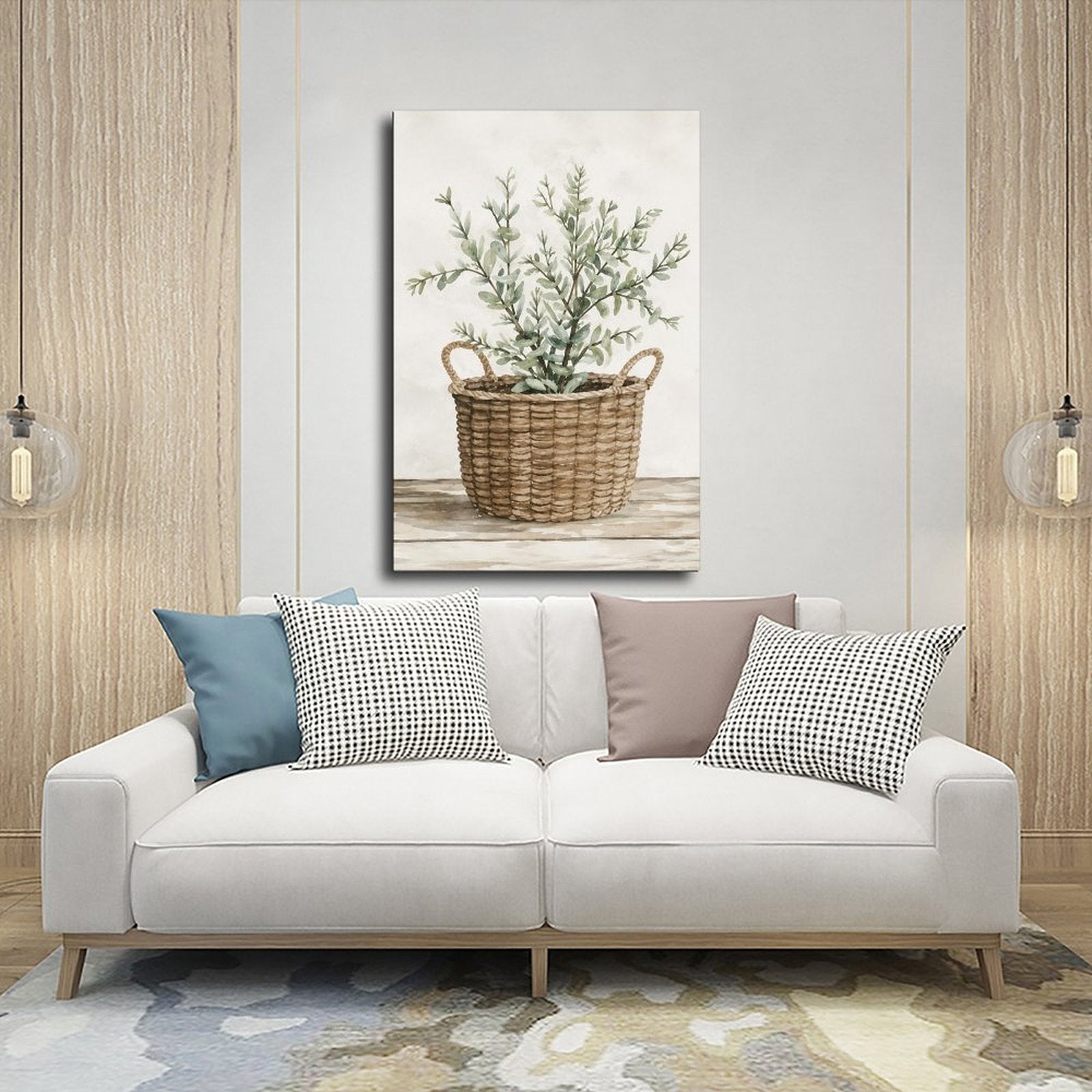 woven basket with silvery green leafy branches in sage green, warm beige, cream tones — Wrapped Canvas SCENE_03