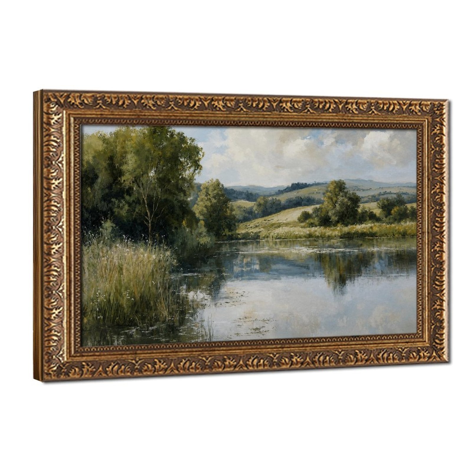 quiet river winding through a green countryside in sage green, blue gray, cream tones — Vintage Gold Frame HERO