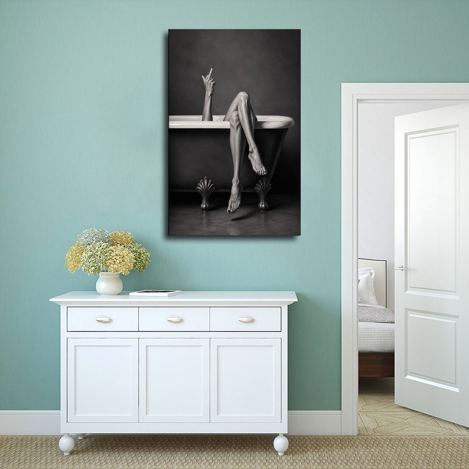 Black-and-white artwork of a clawfoot bathtub with crossed legs and a raised defiant hand gesture — Wrapped Canvas SCENE_02
