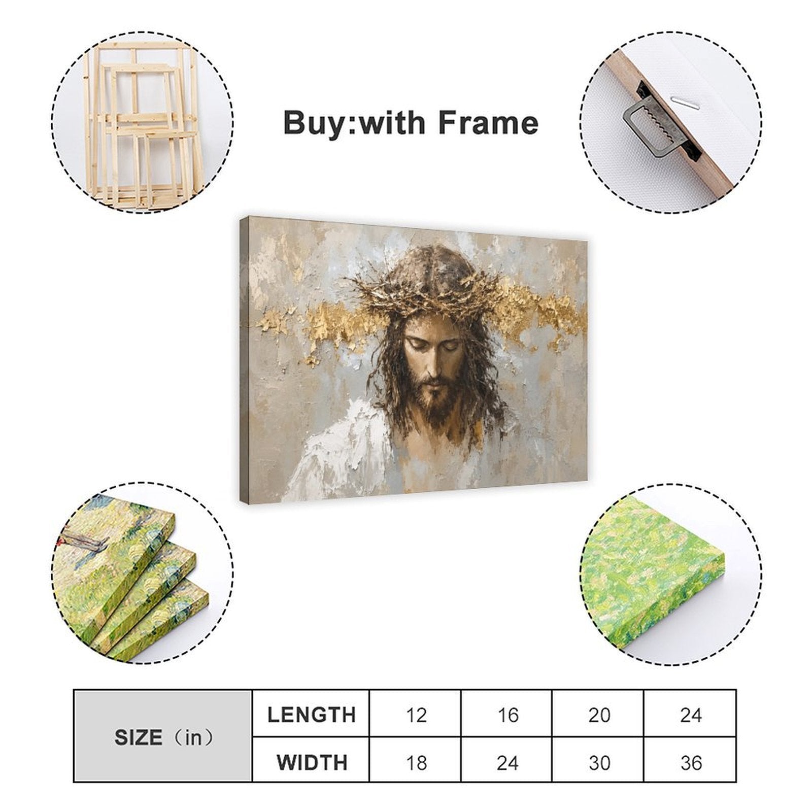 sorrowful sacred figure wearing a crown of thorns in white, taupe, charcoal tones — Wrapped Canvas SIZE_GUIDE