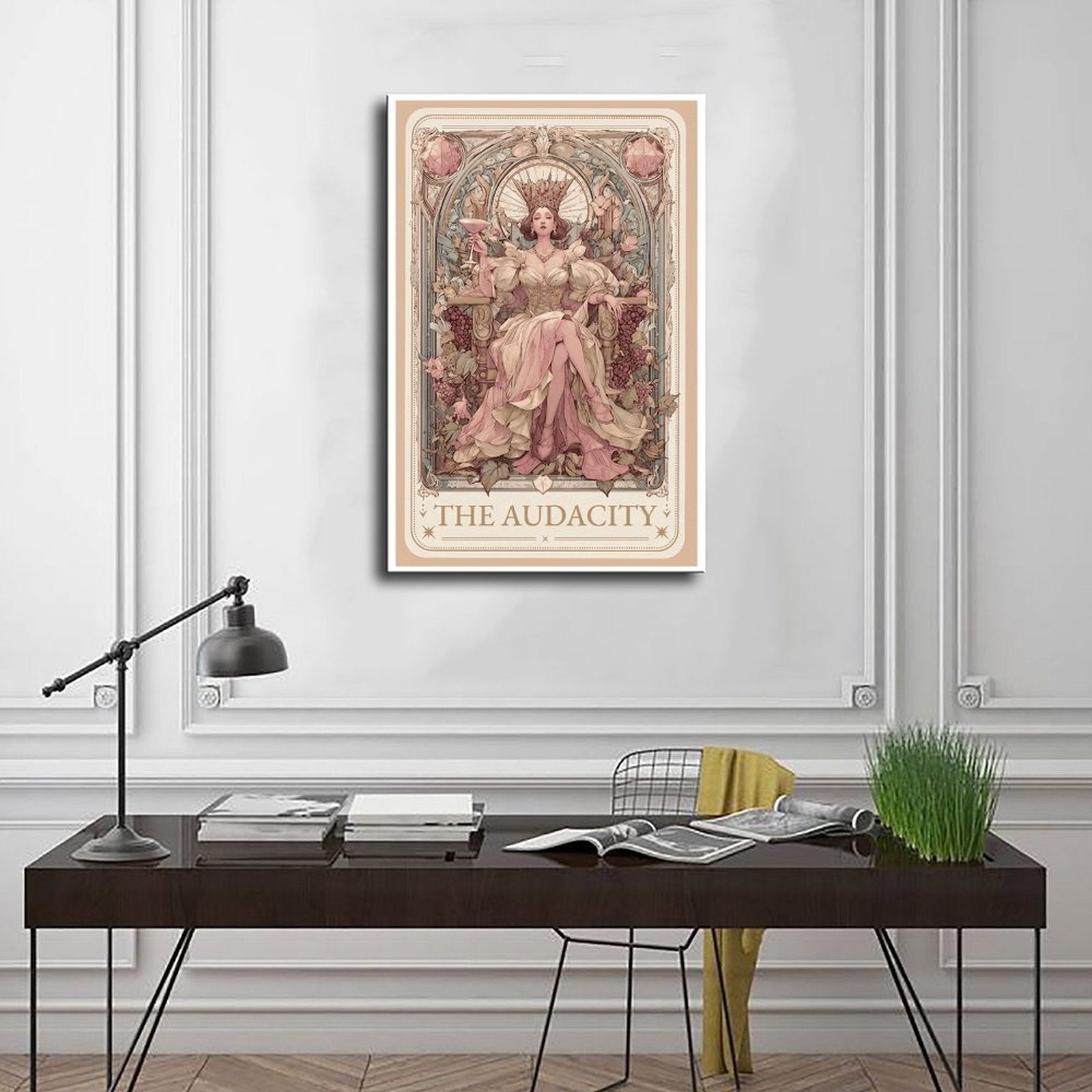 ornate crowned woman seated on a throne in art nouveau-inspired illustration style — Wrapped Canvas SCENE_01