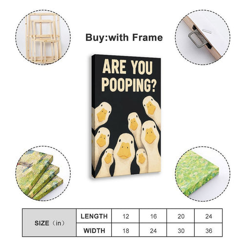 group of white ducks beneath bold bathroom typography in black, cream, yellow tones — Wrapped Canvas SIZE_GUIDE