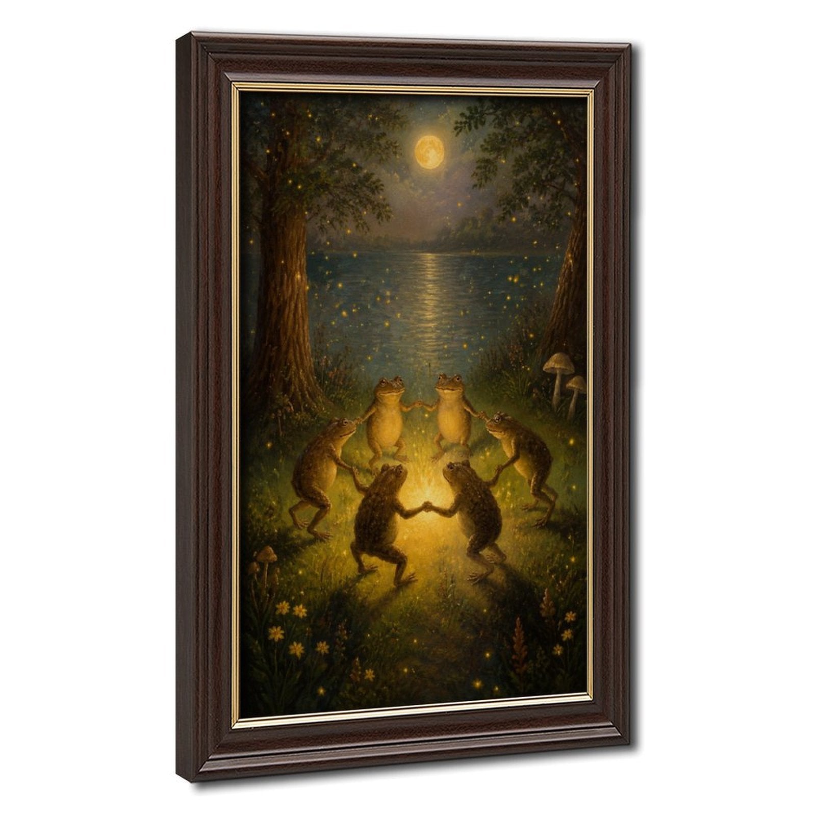 four frogs dancing around a glowing light by a moonlit pond in deep green, golden yellow, moonlit blue tones — Wood Grain Gold Frame HERO