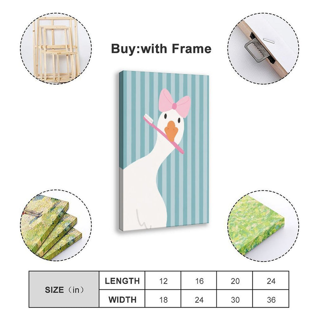 white duck with a pink bow holding a toothbrush in sky blue, white, pink tones — Wrapped Canvas SIZE_GUIDE