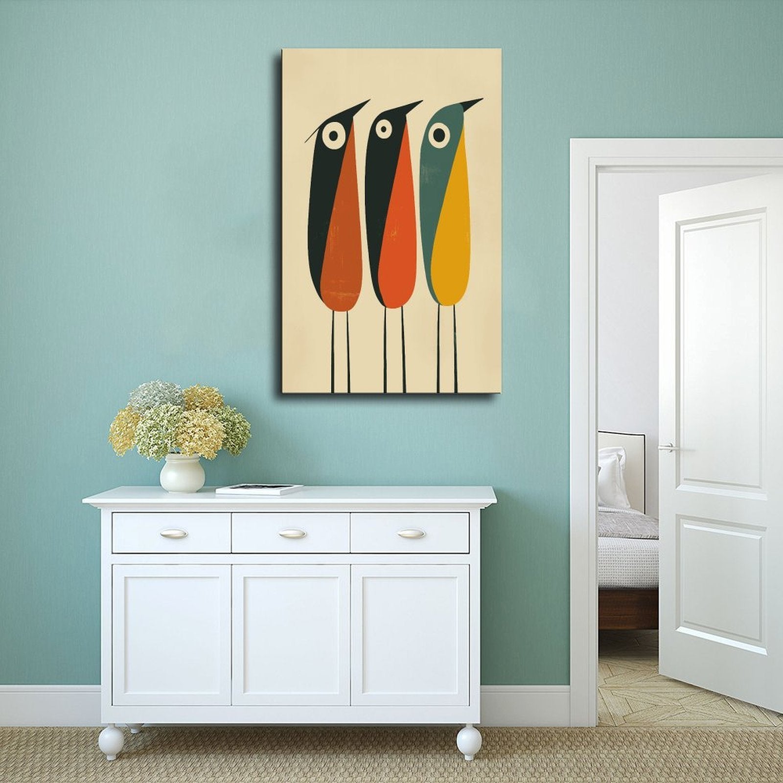 three stylized long-beaked birds in geometric illustration style — Wrapped Canvas SCENE_02