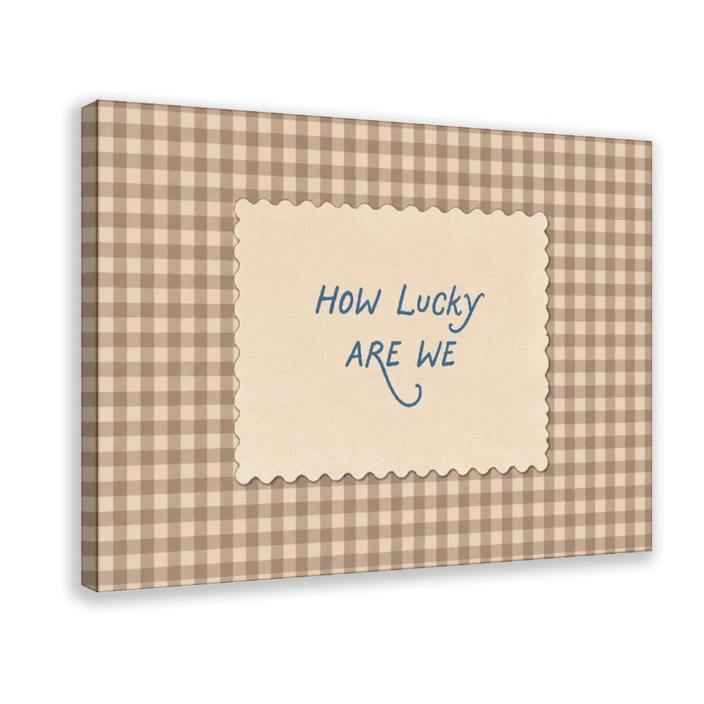 blue handwritten gratitude quote on brown gingham in taupe, cream, blue tones — Wrapped Canvas HERO