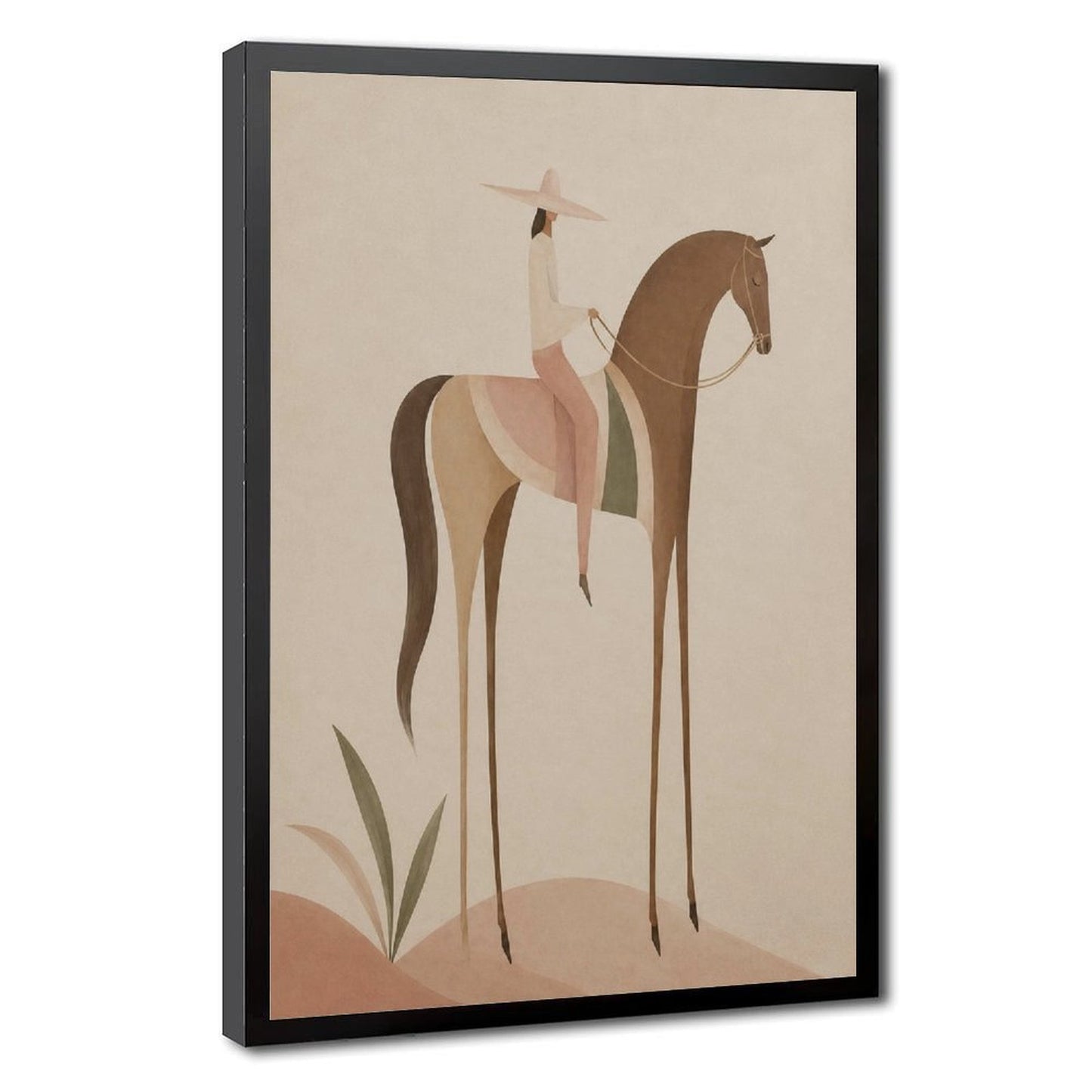 Soft Blush Long Horse canvas wall art featuring a graceful long-limbed horse in soft blush pink, warm beige, muted cream tones, displayed in the Solid Wood Black Frame style