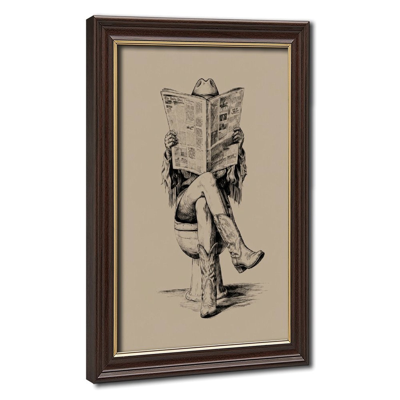 cowboy seated on a toilet reading a newspaper in black, warm cream tones — Wood Grain Gold Frame HERO