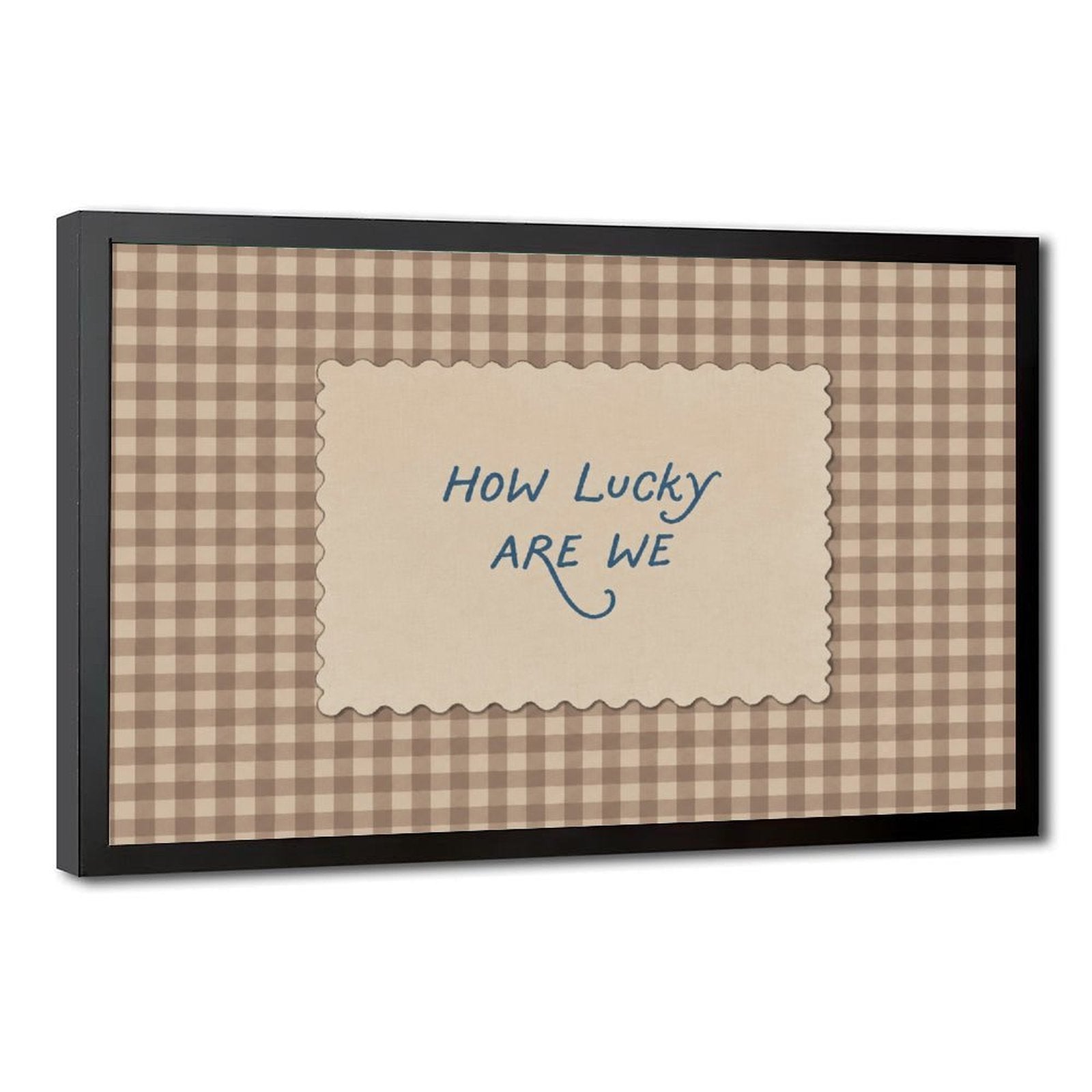 blue handwritten gratitude quote on brown gingham in taupe, cream, blue tones — Black Frame HERO