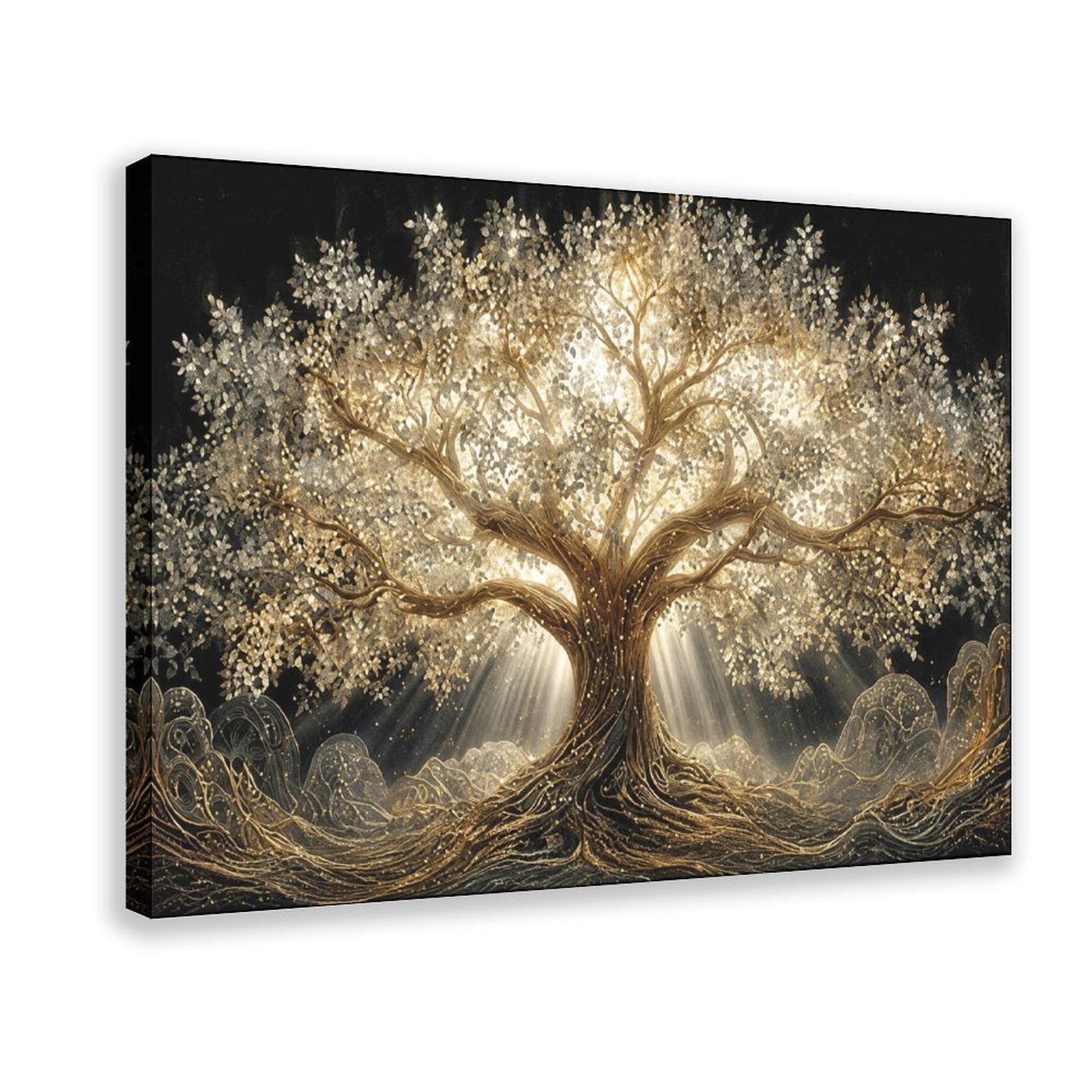 luminous golden tree with sprawling roots and branches in gold, black, warm white tones — Wrapped Canvas HERO