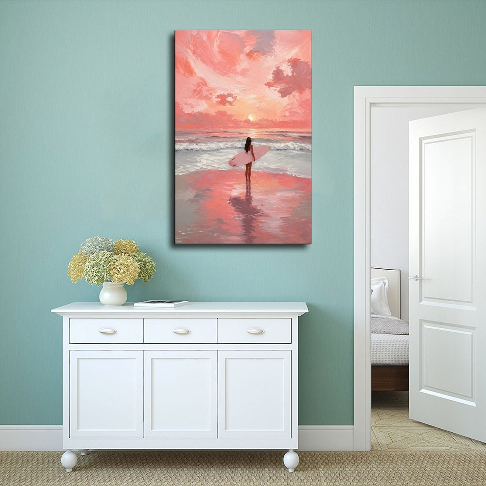 surfer carrying a pink surfboard at the shoreline in coral pink, peach, sky blue tones — Wrapped Canvas SCENE_02