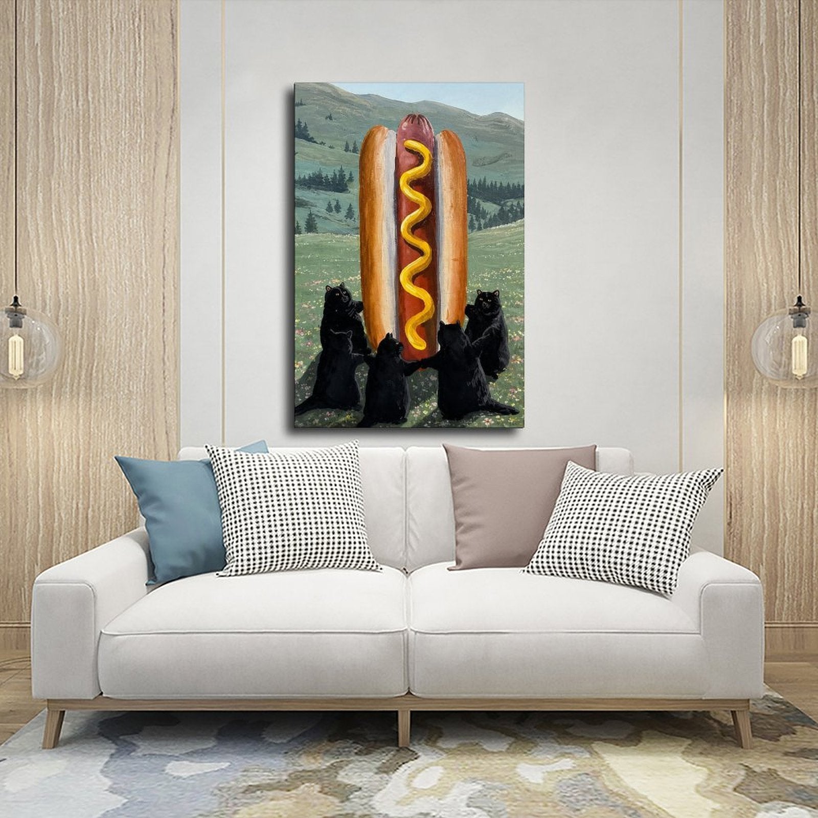 three black bears presenting a giant hot dog in a mountain meadow in green, black, red tones — Wrapped Canvas SCENE_03