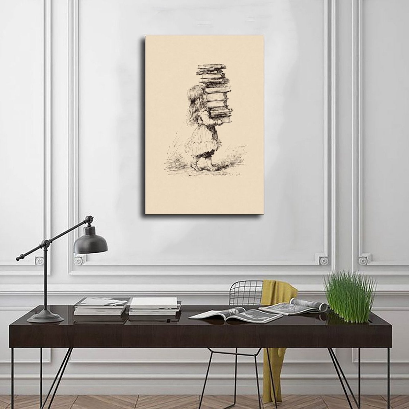 small figure carrying a tall stack of books in black, warm cream tones — Wrapped Canvas SCENE_01