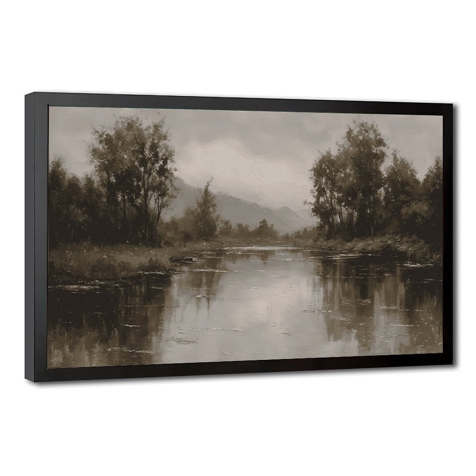 quiet river bend with tree-lined banks in landscape painting style — Black Frame HERO