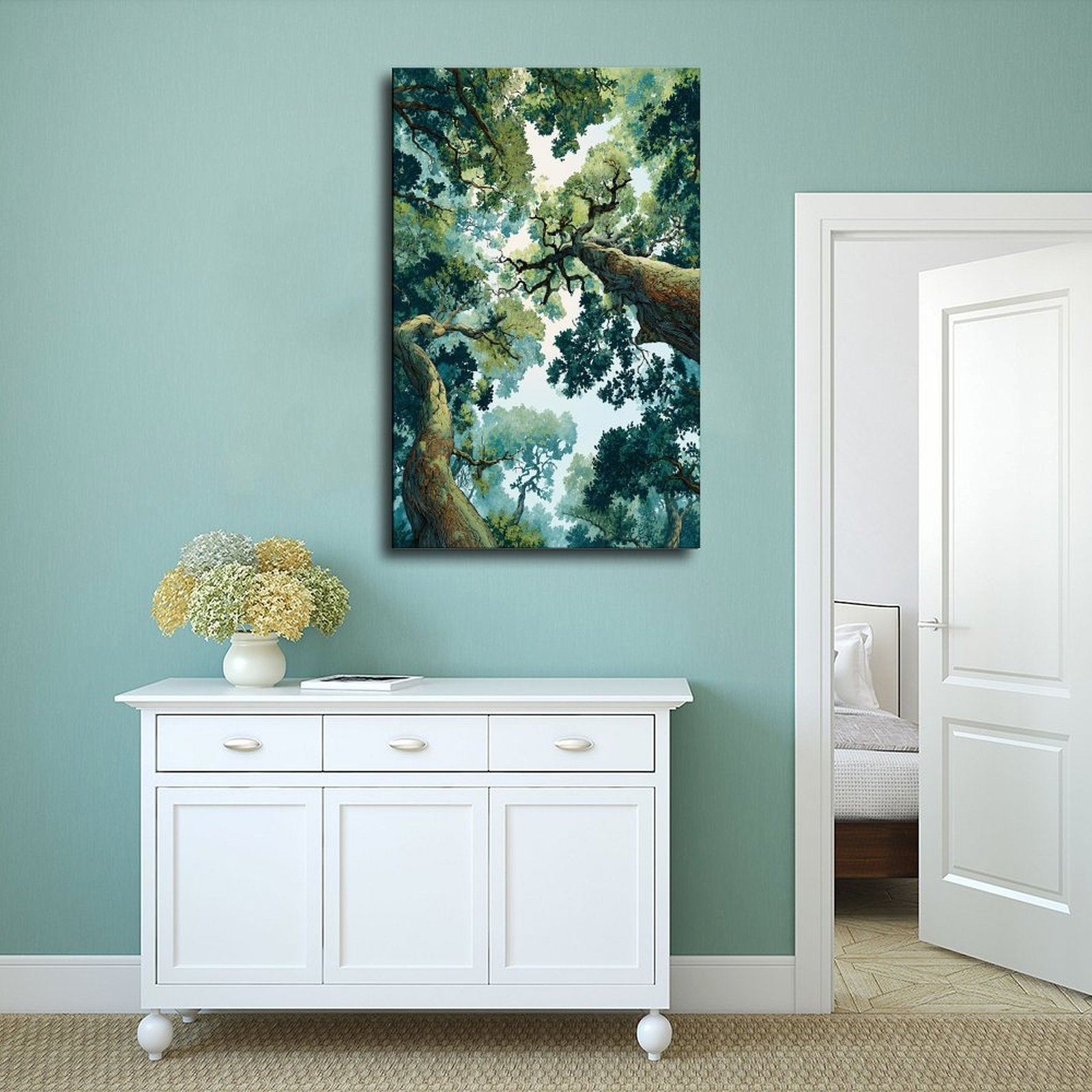 towering forest canopy viewed upward between large trees in deep green, teal, cream tones — Wrapped Canvas SCENE_02