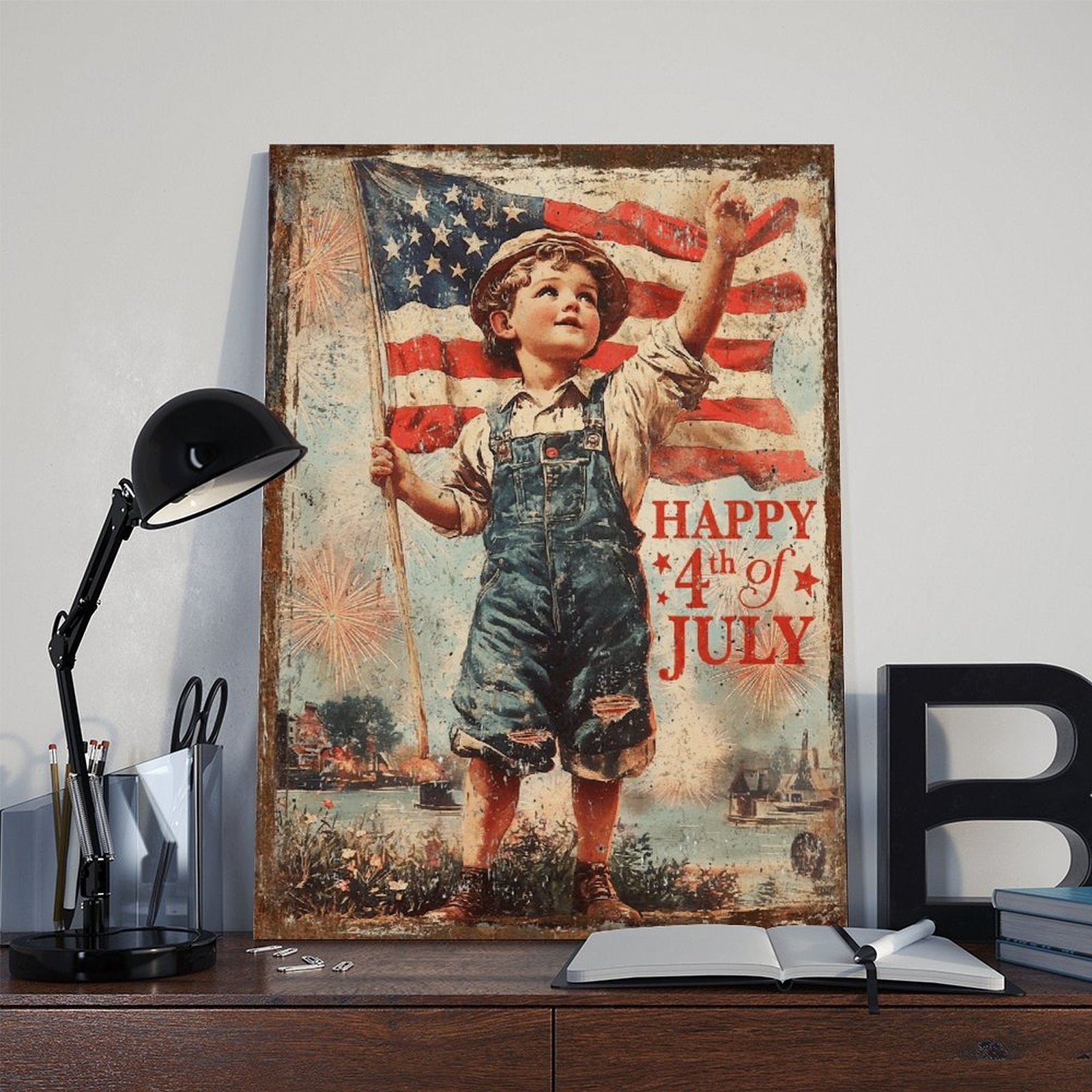 vintage patriotic boy holding an American flag in vintage illustration style — Wrapped Canvas SCENE_06