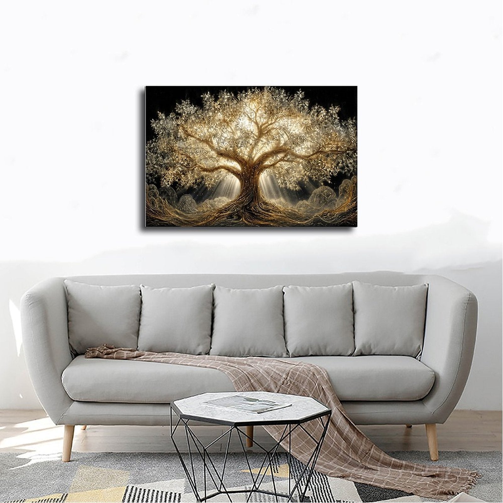 luminous golden tree with sprawling roots and branches in gold, black, warm white tones — Wrapped Canvas SCENE_02