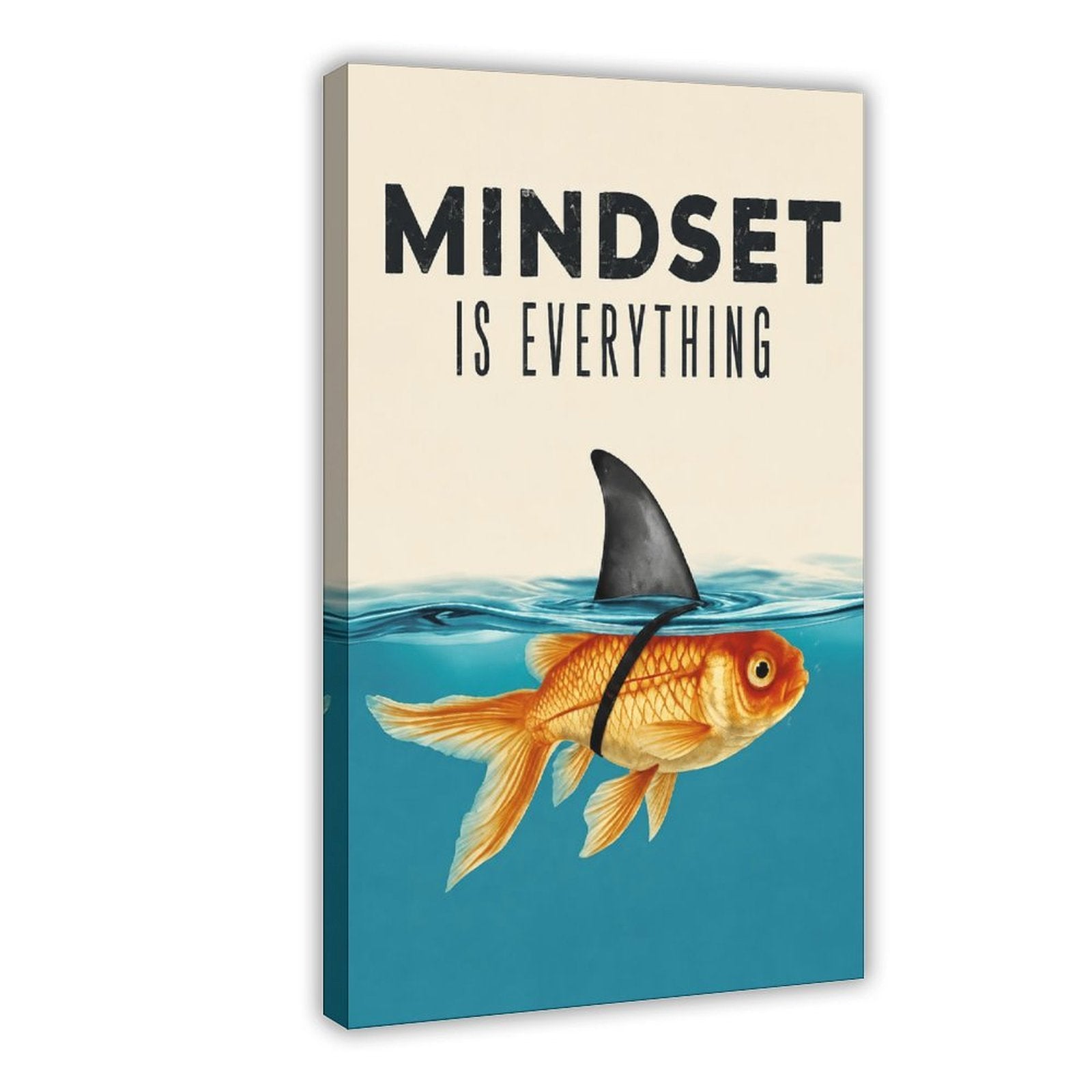 goldfish wearing a shark-fin disguise beneath motivational typography in teal blue, gold orange, cream tones — Wrapped Canvas HERO