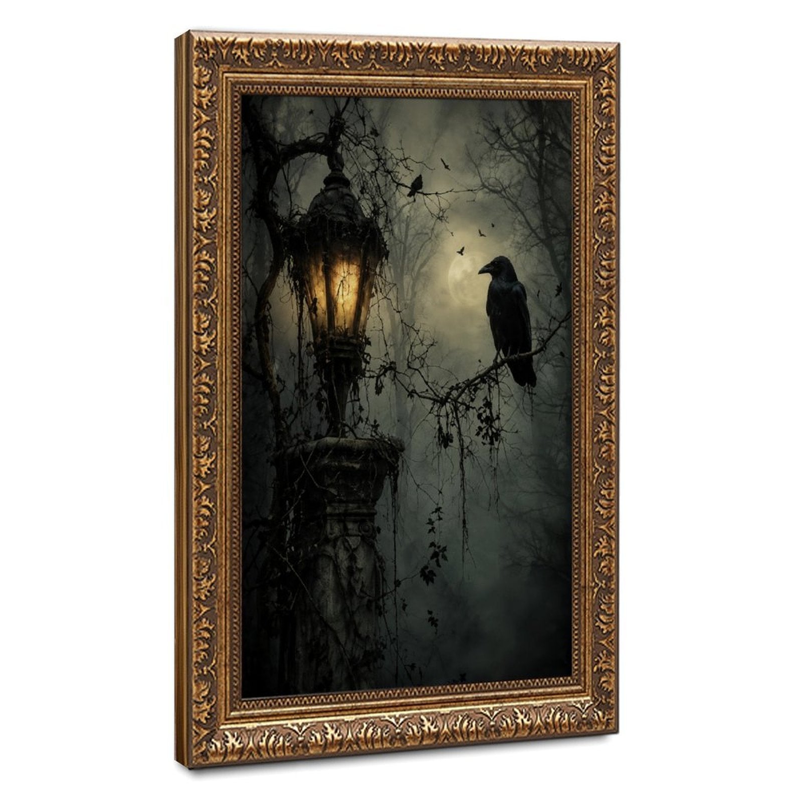 raven perched beside a glowing antique lantern in charcoal, black, amber tones — Vintage Gold Frame HERO