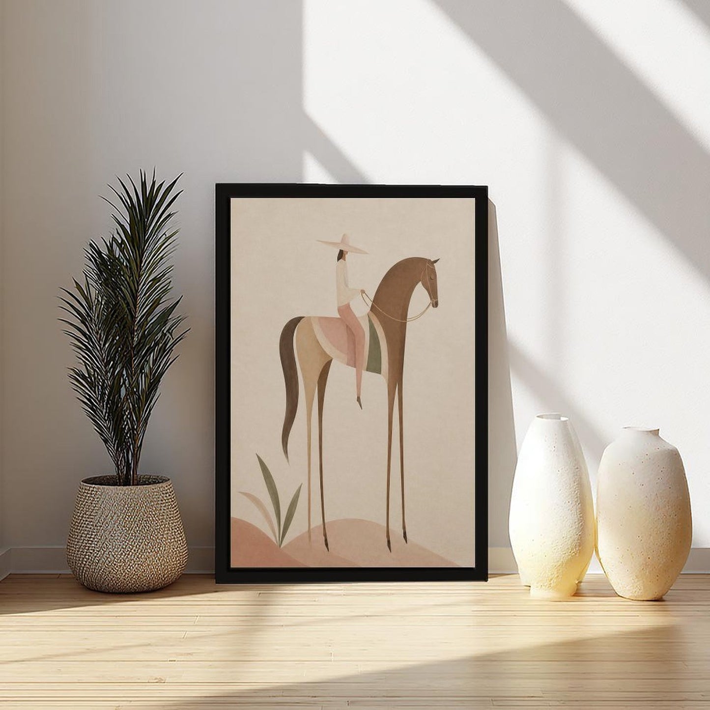 Soft Blush Long Horse canvas wall art featuring a graceful long-limbed horse in soft blush pink, warm beige, muted cream tones, displayed in the Solid Wood Black Frame style