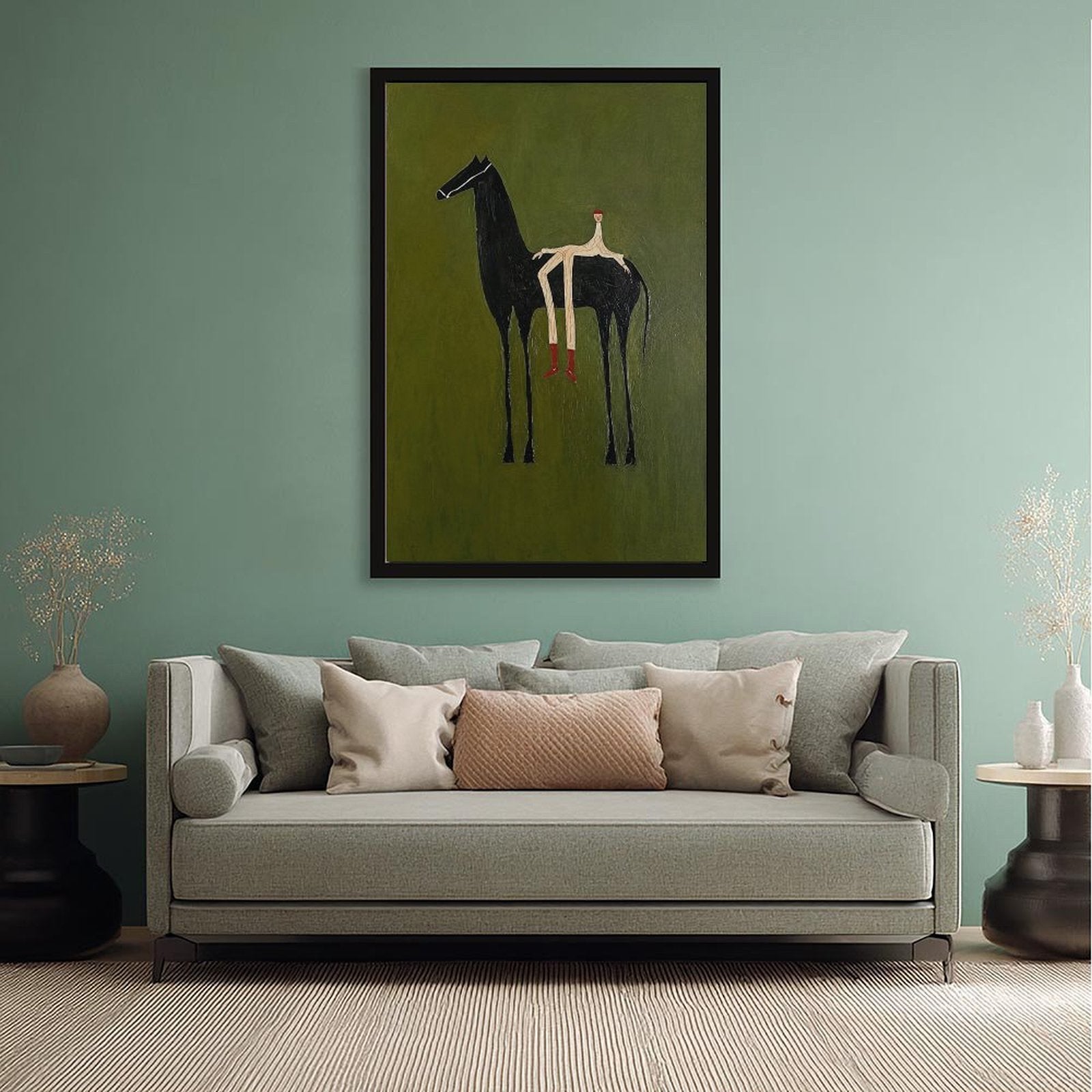 Stylized black horse with an elongated seated rider on an olive green background — Black Frame SCENE_02