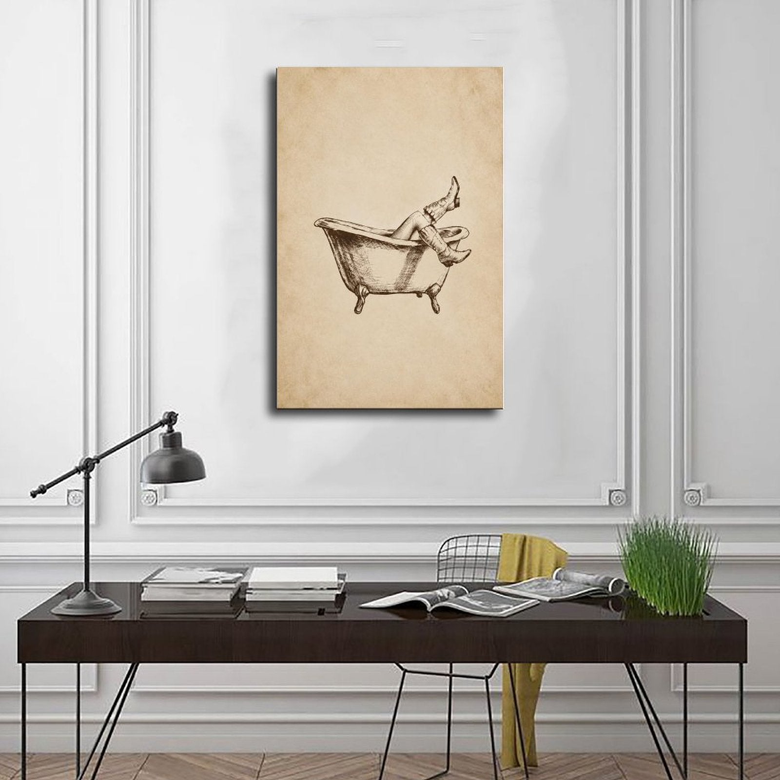 relaxed figure lounging in a clawfoot bathtub with legs raised in sepia, warm cream tones — Wrapped Canvas SCENE_01
