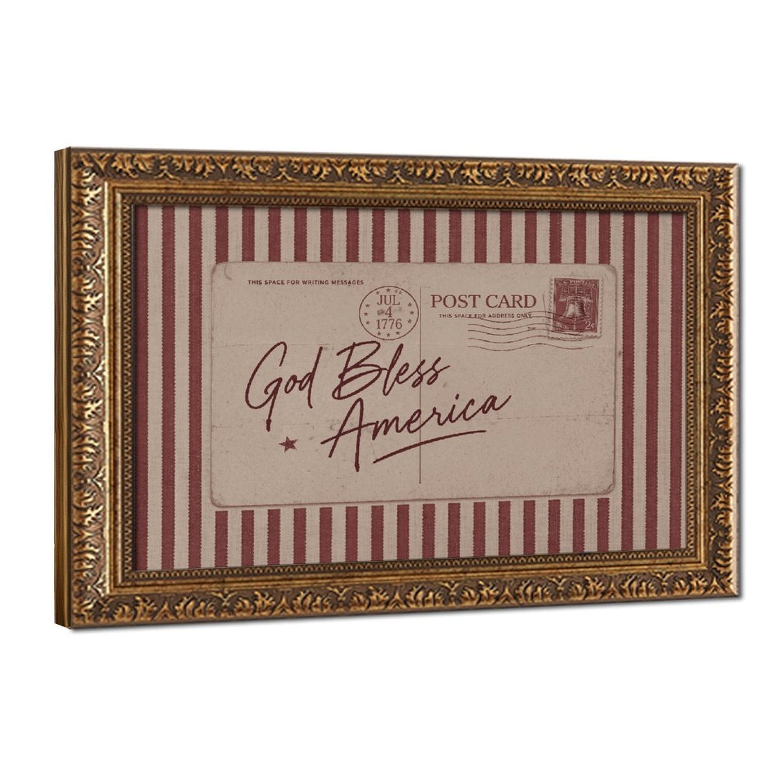 vintage patriotic postcard with God Bless America lettering in typography art style — Vintage Gold Frame HERO