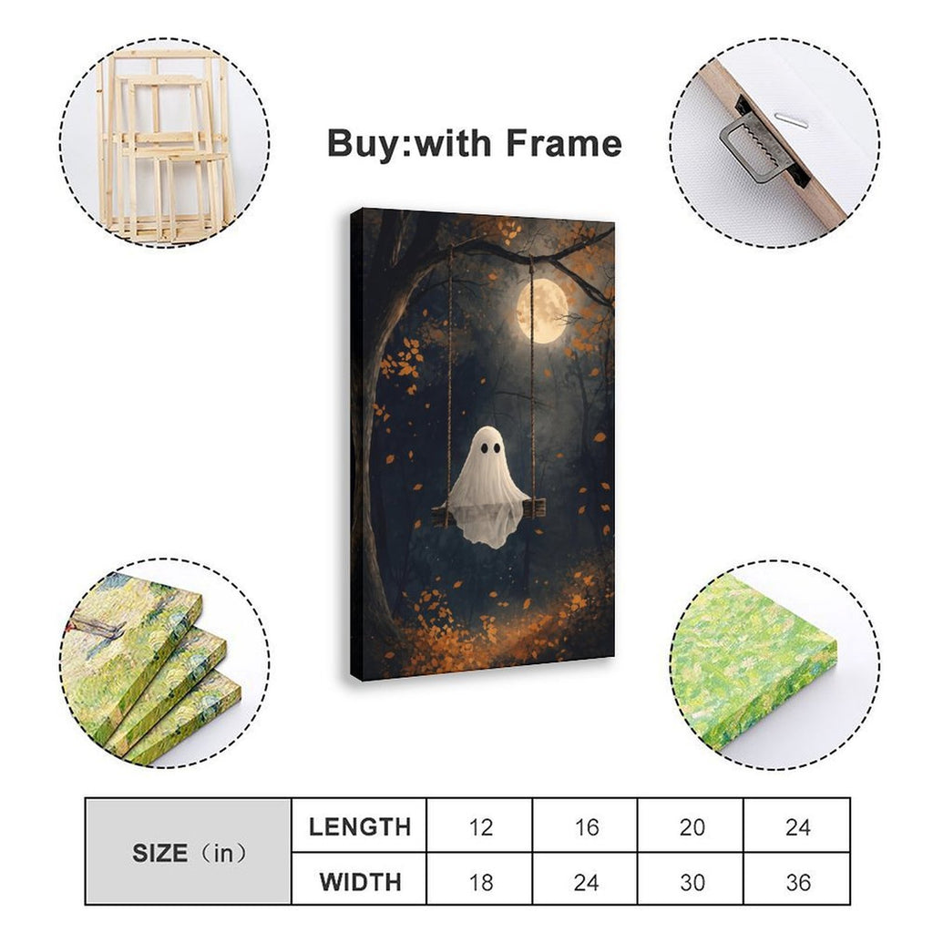 sheet ghost sitting on a swing beneath a full moon in navy blue, orange, white tones — Wrapped Canvas SIZE_GUIDE
