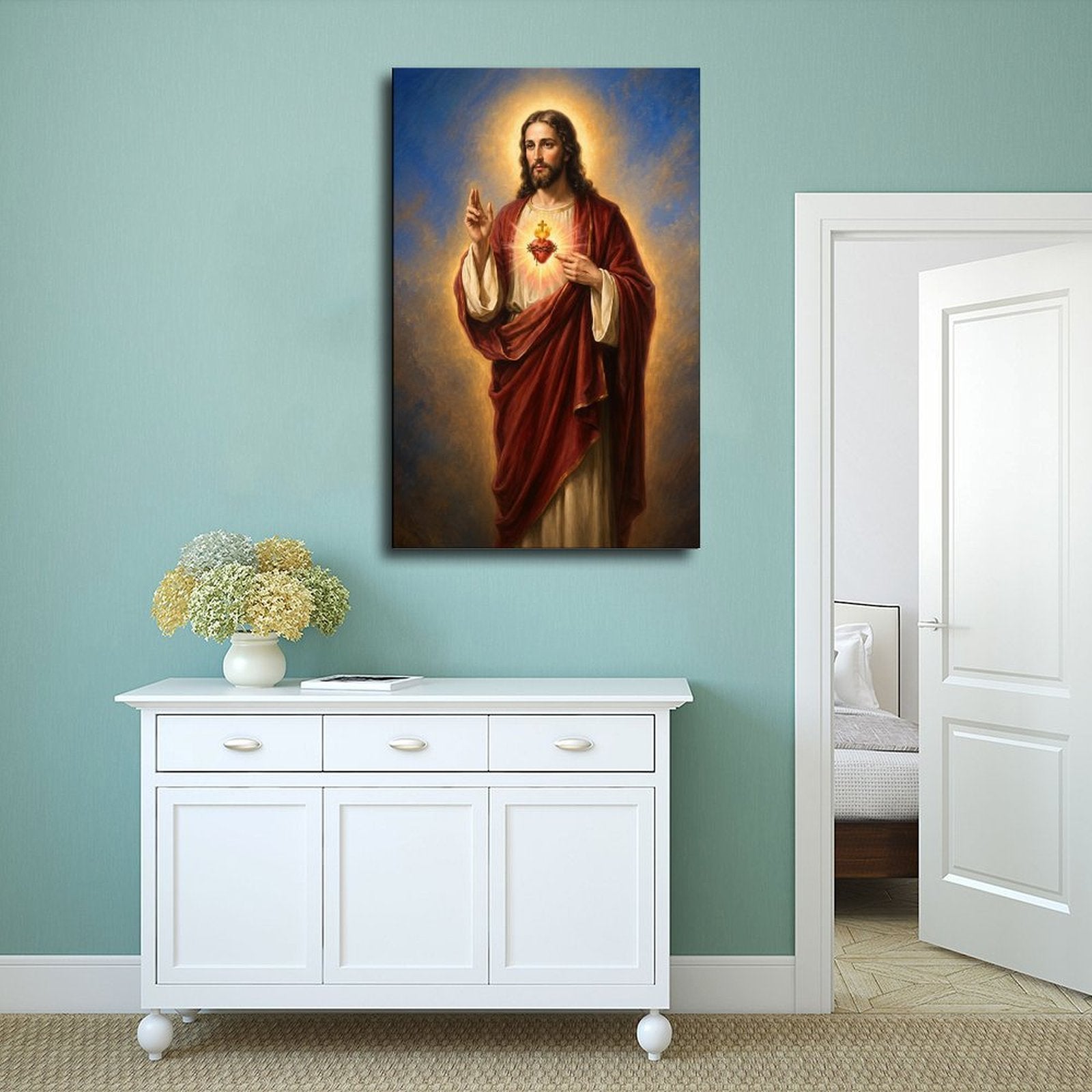 haloed sacred figure displaying a radiant heart symbol in red, cream, gold tones — Wrapped Canvas SCENE_02