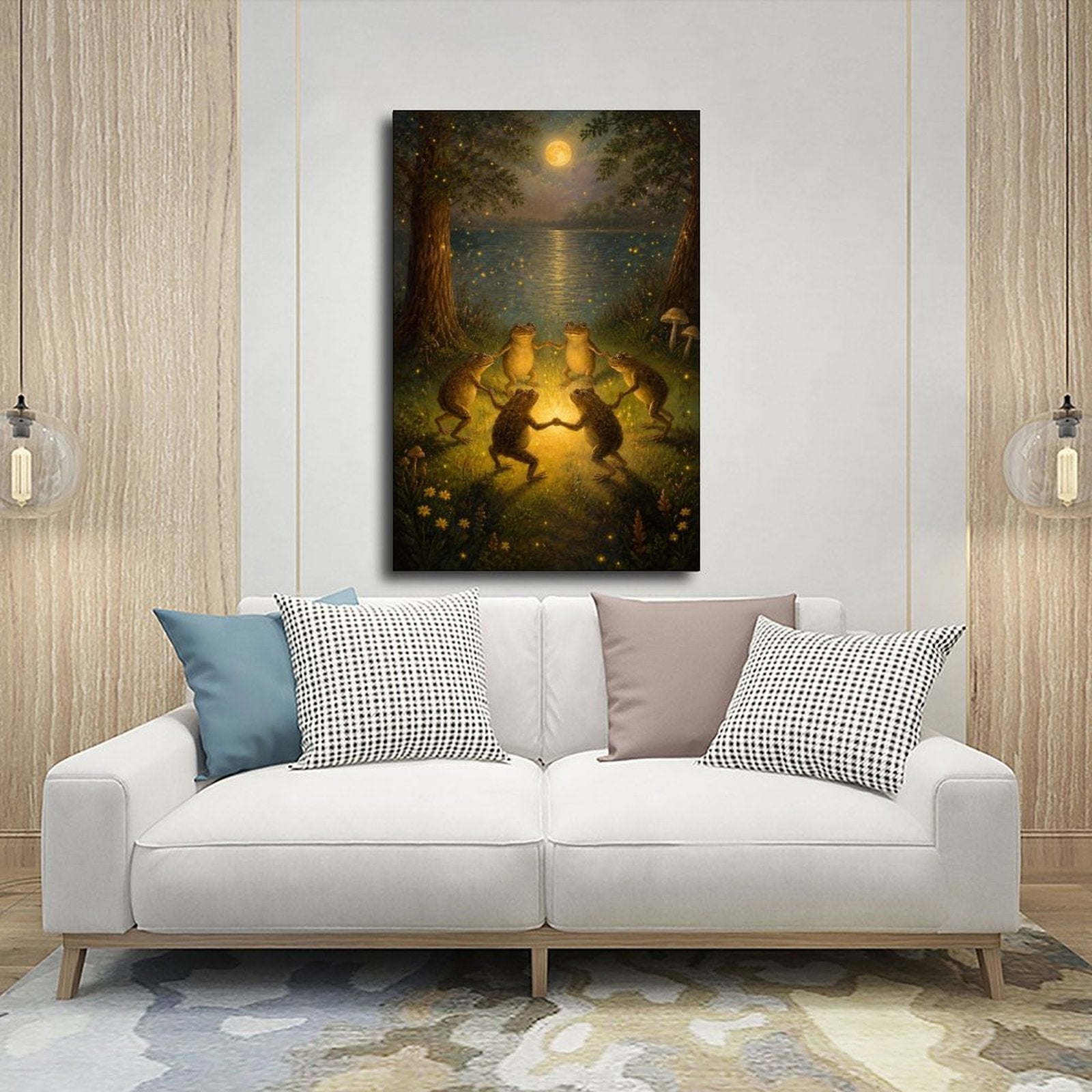 four frogs dancing around a glowing light by a moonlit pond in deep green, golden yellow, moonlit blue tones — Wrapped Canvas SCENE_03