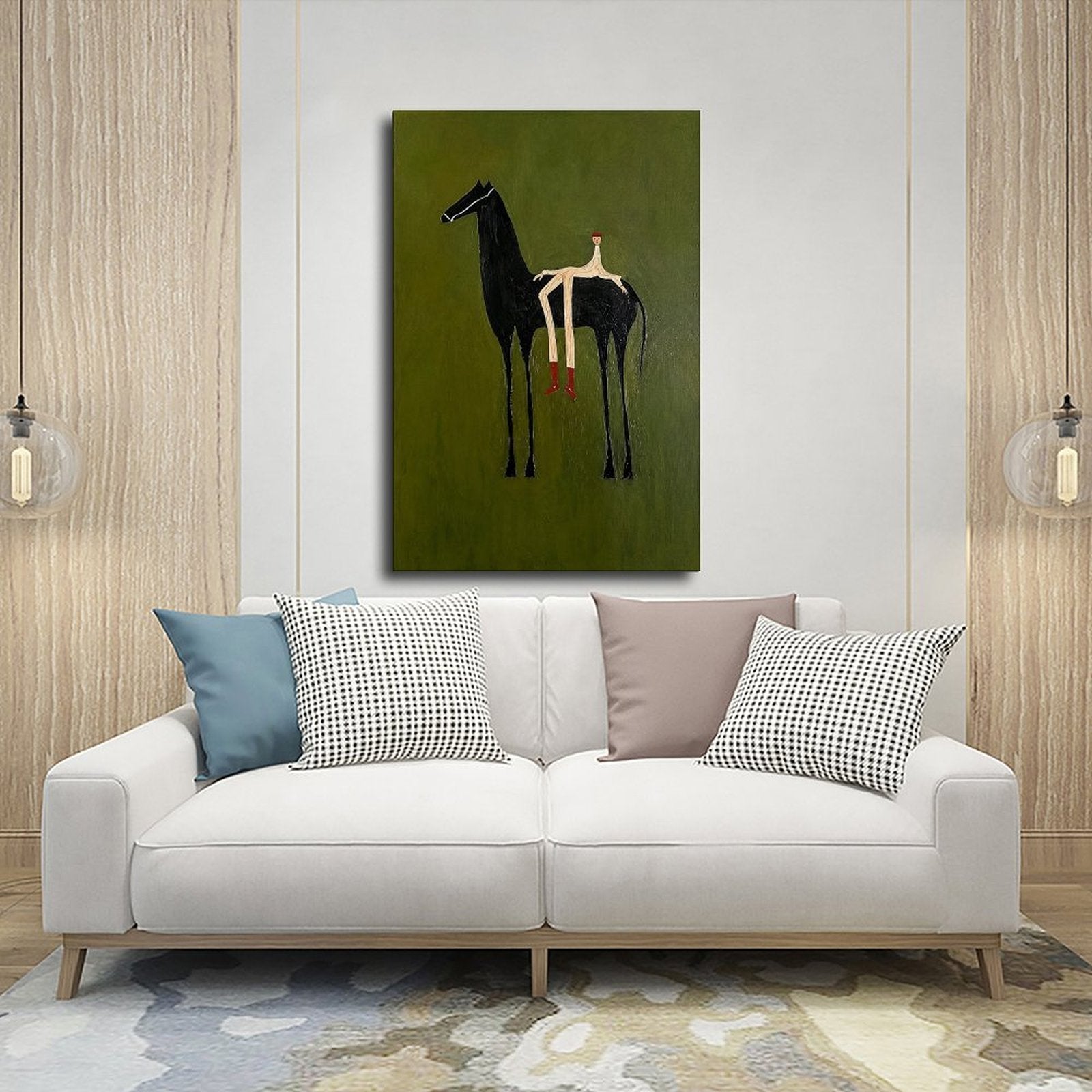 Stylized black horse with an elongated seated rider on an olive green background — Wrapped Canvas SCENE_03