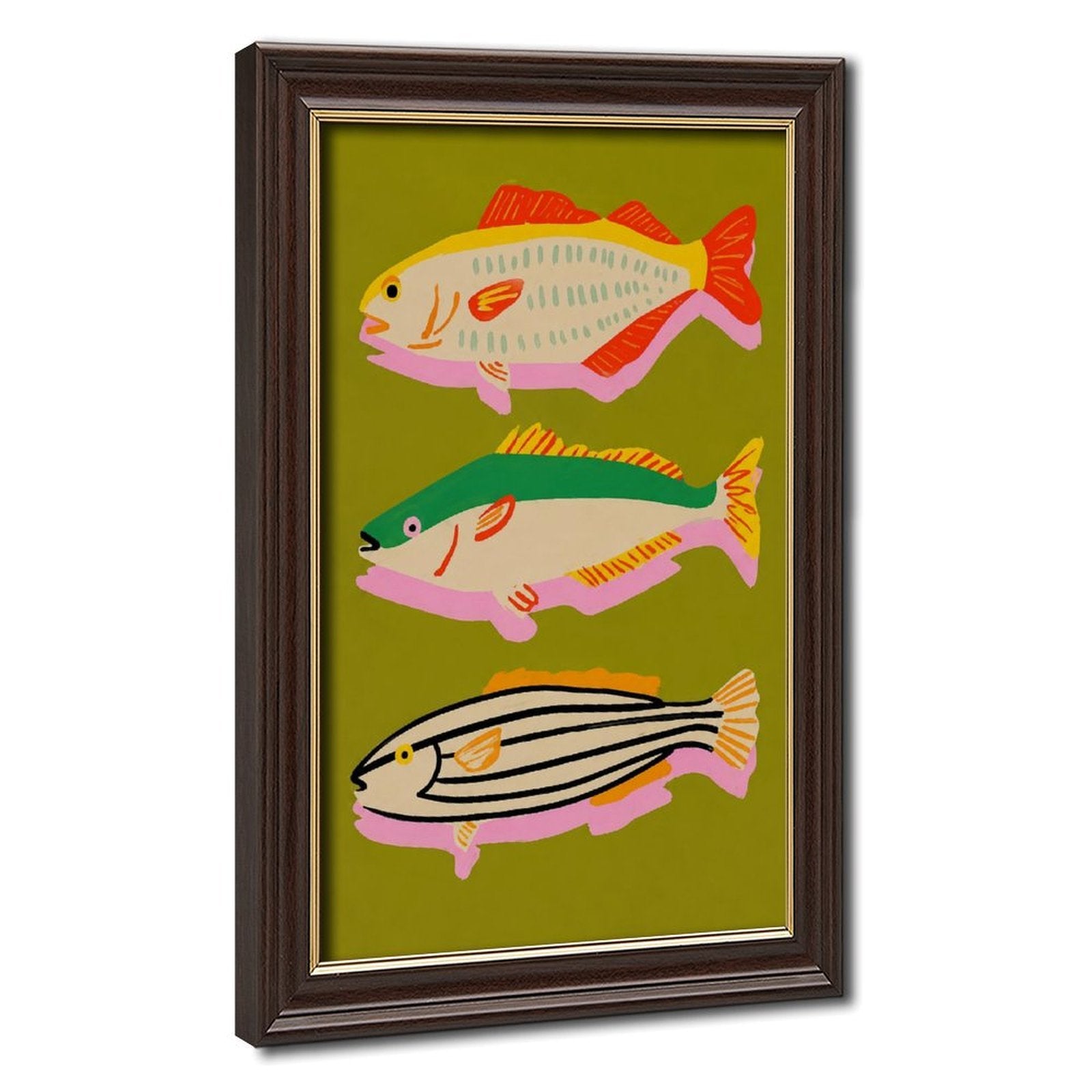 three colorful stylized fish arranged vertically in olive green, coral red, pink tones — Wood Grain Gold Frame HERO