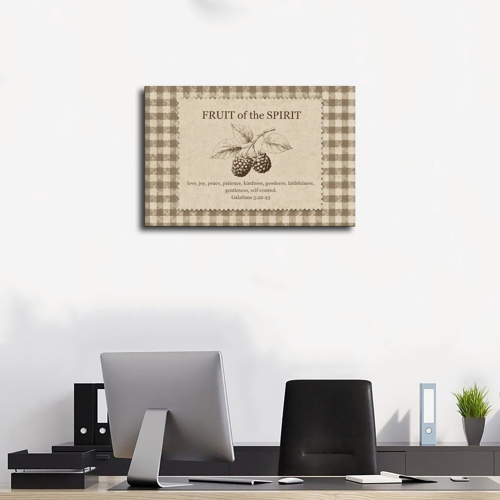 Fruit of the Spirit scripture typography with berry illustration in taupe, cream, brown tones — Wrapped Canvas SCENE_01