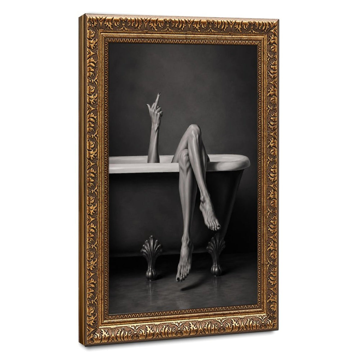 Black-and-white artwork of a clawfoot bathtub with crossed legs and a raised defiant hand gesture — Vintage Gold Frame HERO